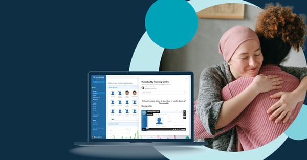 Image of two women hugging. In front is a product image of a laptop with Nursebuddy's training portal