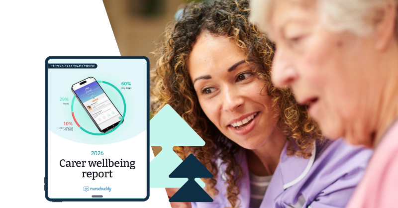 Tablet with carer wellbeing report 2026. To the side is a carer and older woman smiling