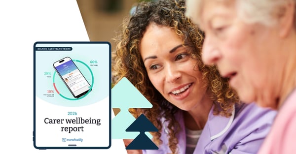 Tablet with carer wellbeing report 2026. To the side is a carer and older woman smiling