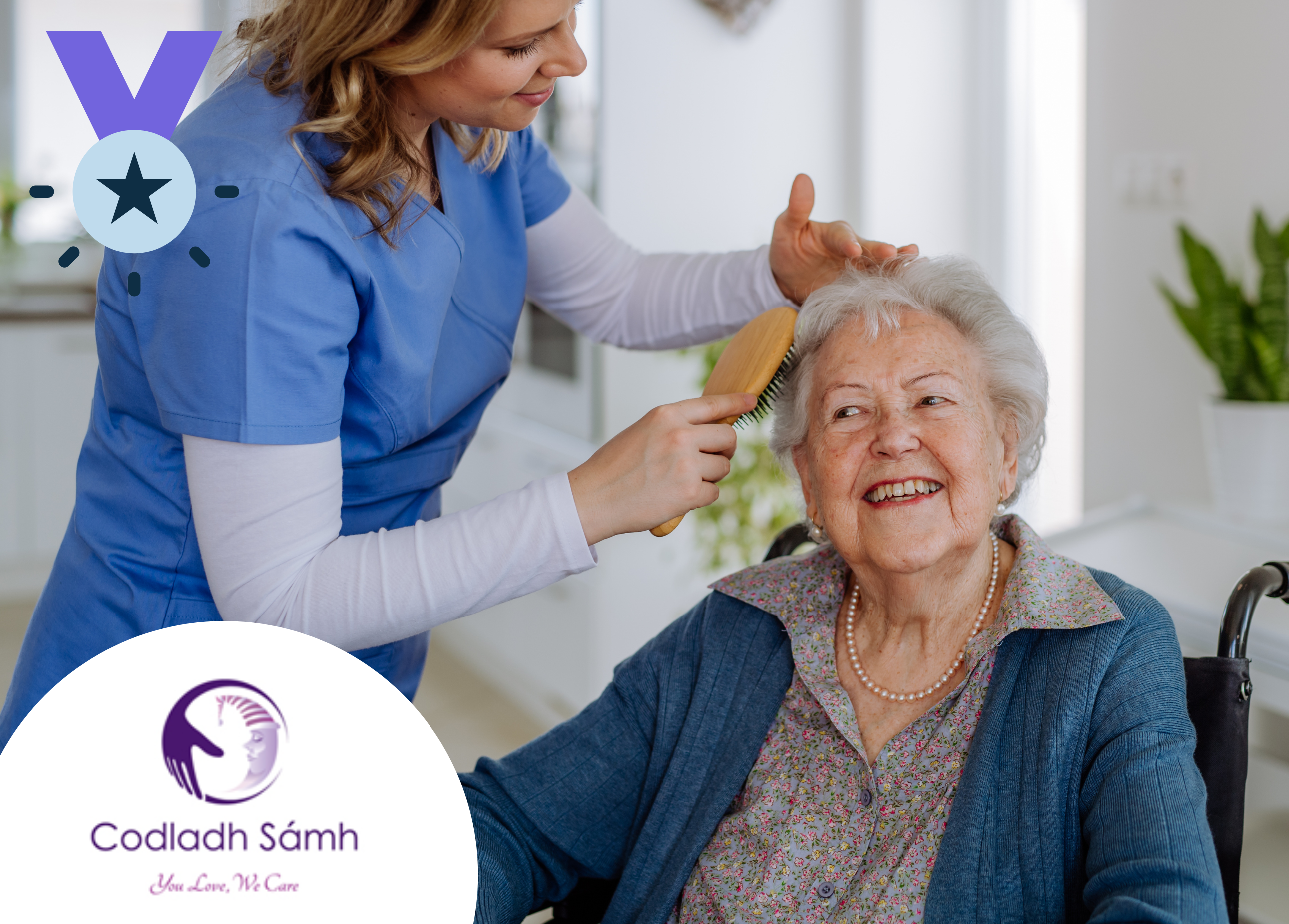 Photo of an older woman getting her hair brushed by a health care professional. Codladh Sámh's logo is at the bottom left hand corner.