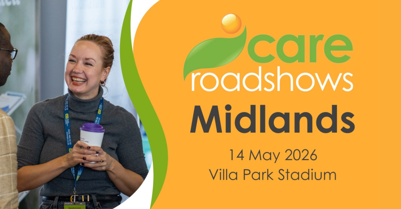 Text reads Care Roadshow Midlands. 14 May 2026. Villa Park Stadium. There is a photo of a woman smiling and holding a coffee cup.