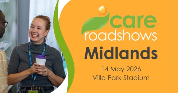 Text reads Care Roadshow Midlands. 14 May 2026. Villa Park Stadium. There is a photo of a woman smiling and holding a coffee cup.