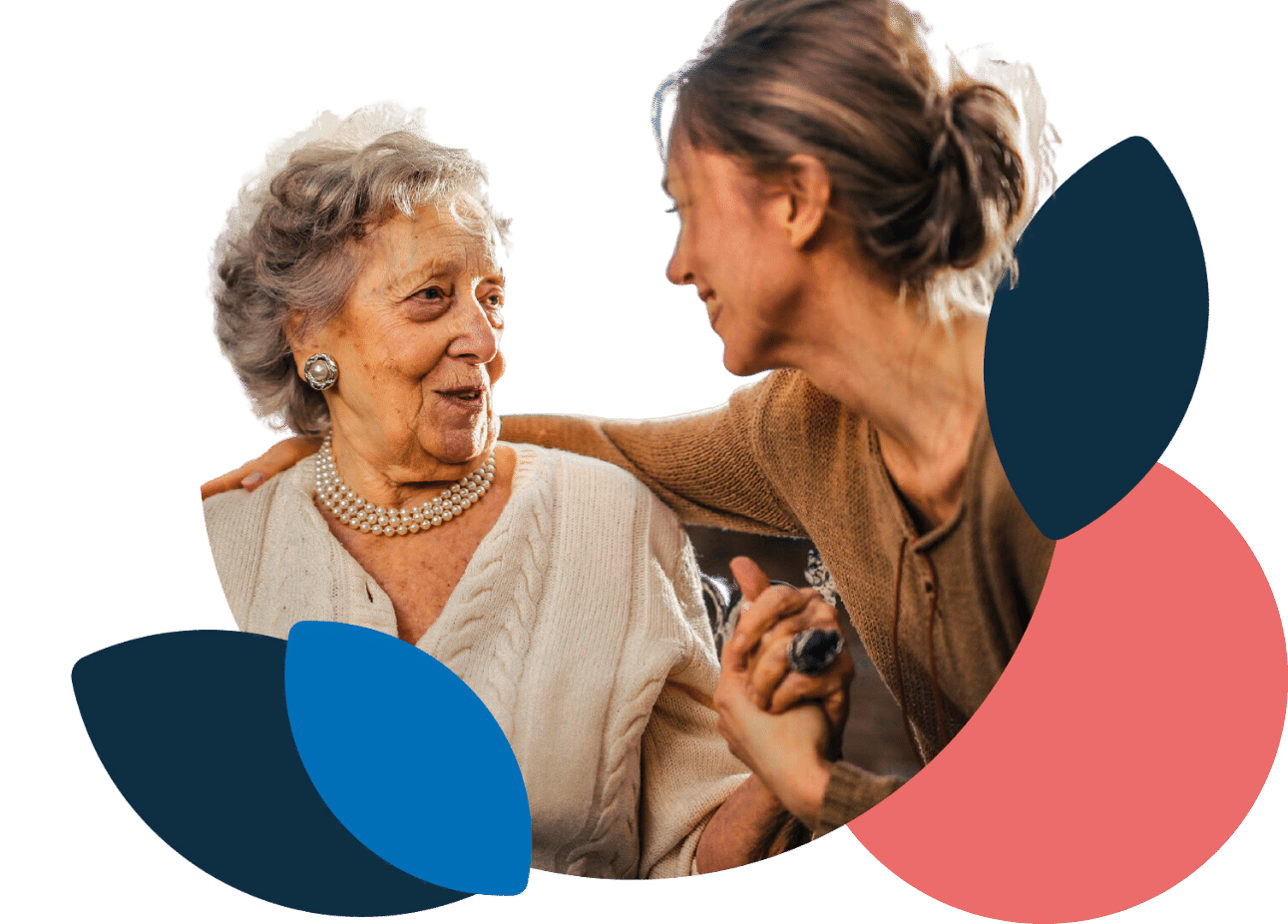 A golden image of a senior woman being cared for lovingly by a younger woman.