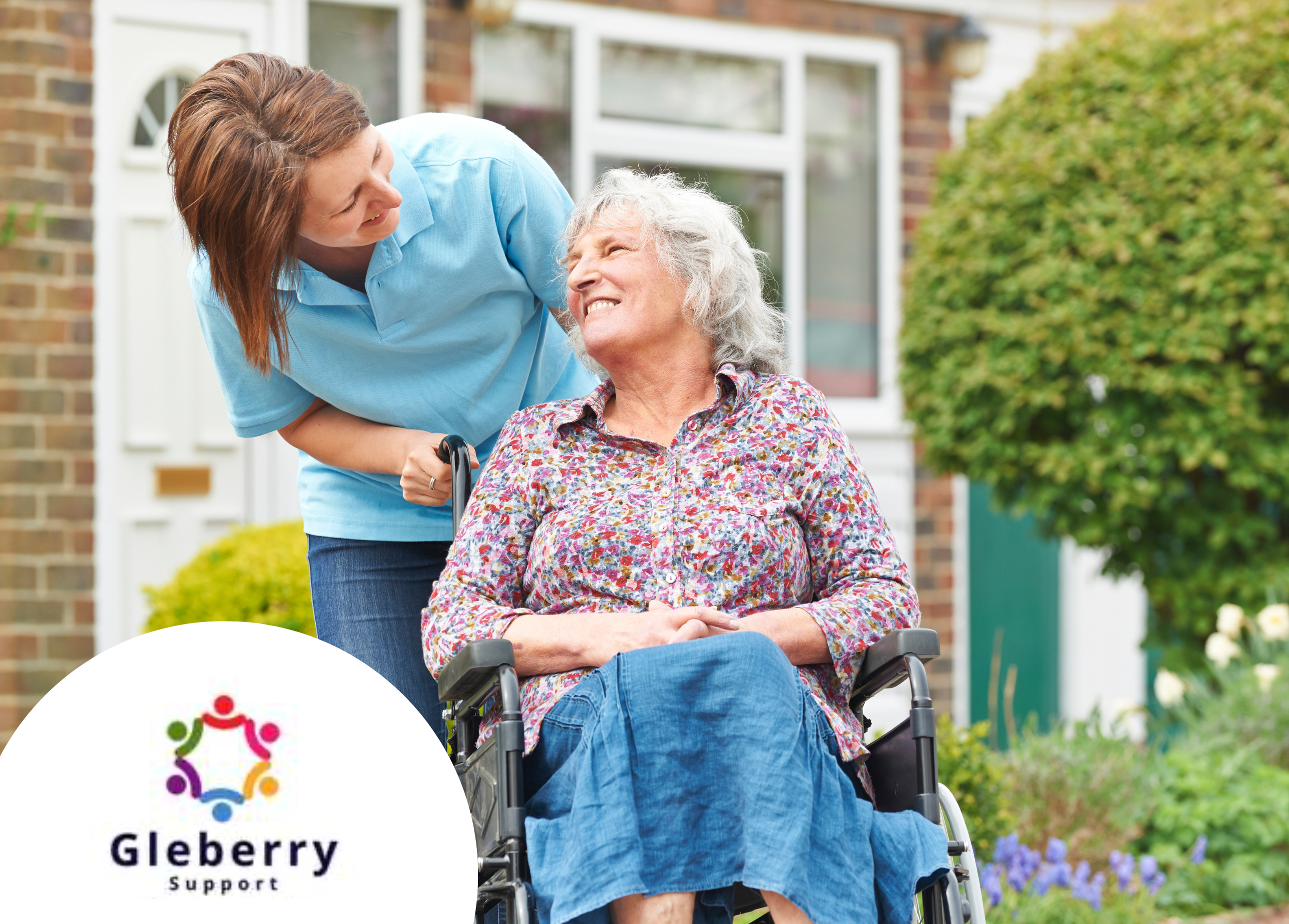 Healthcare professional pushing an older woman in a wheelchair outside