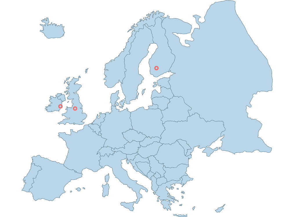 Europe map showing Nursebuddy's locations in Tampere (Finland), Dublin (Ireland) and Manchester (UK)