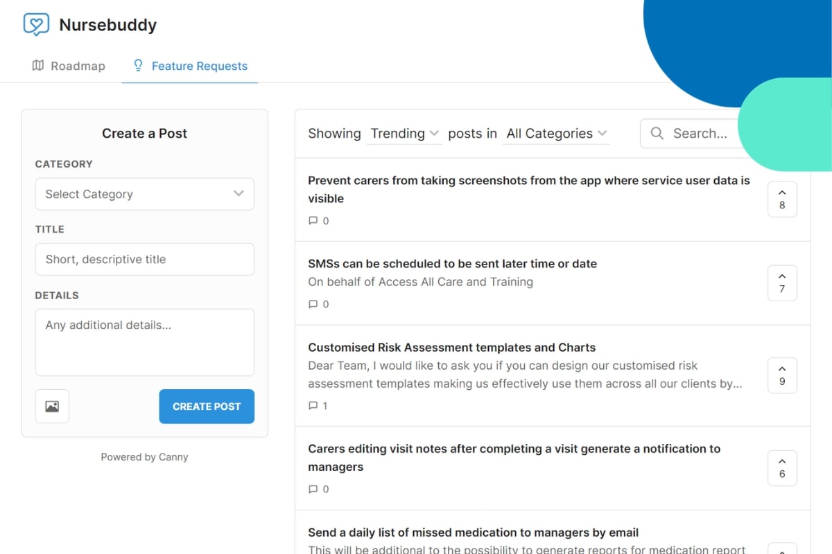 Nursebuddy's product improvement platform for feature requests