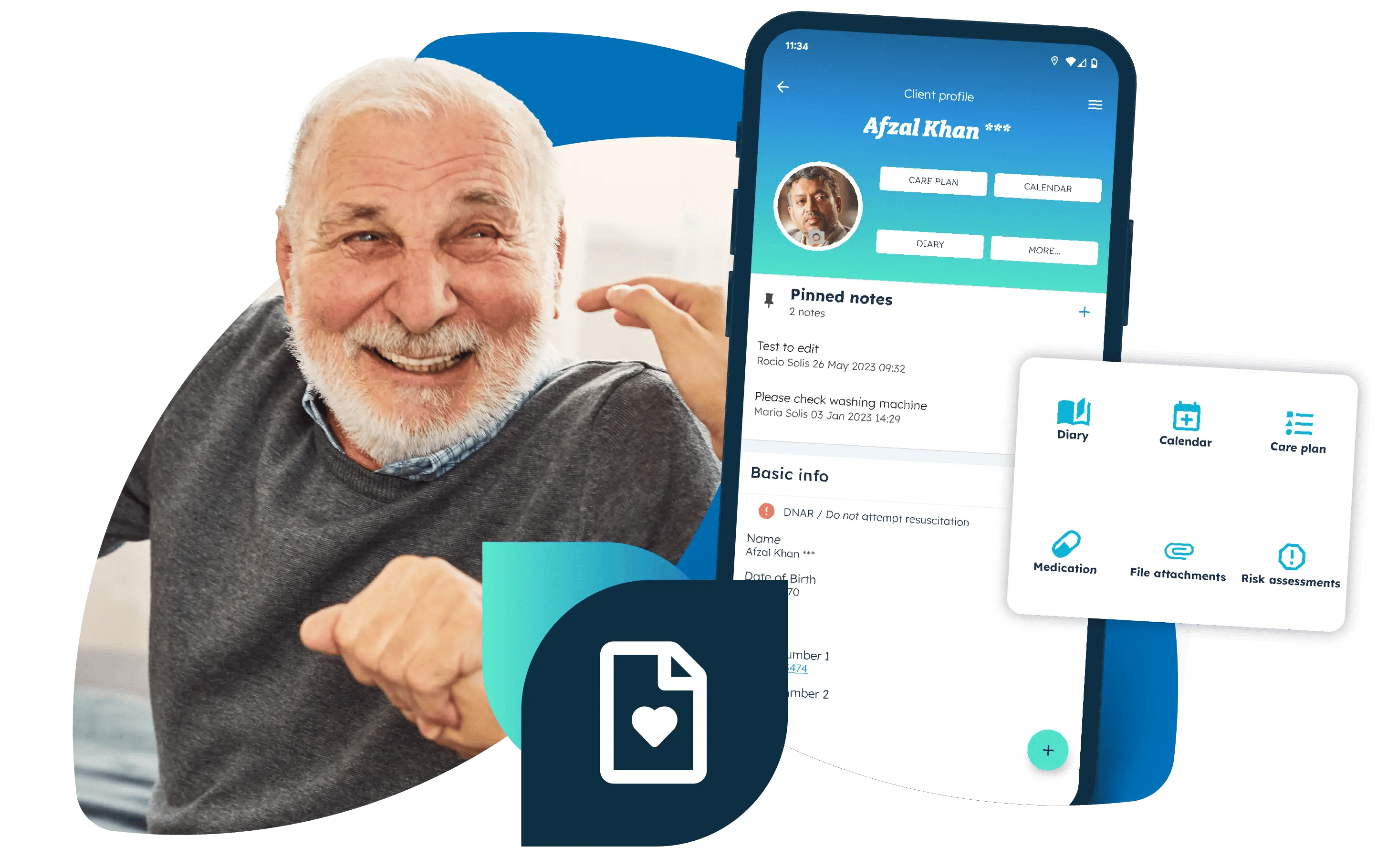 A happy elderly gentleman and a client overview on Nursebuddy's mobile app