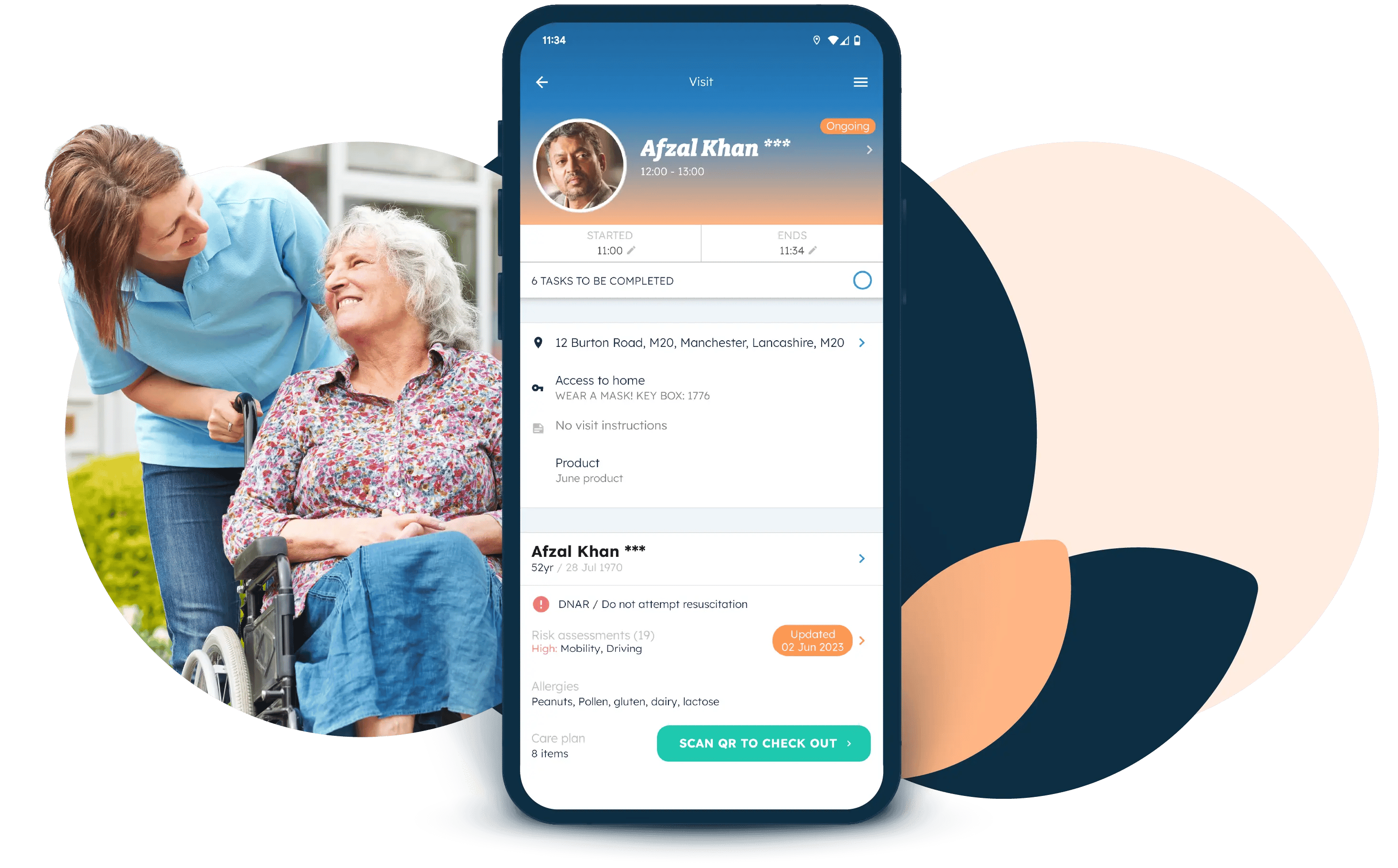A carer talking to a senior woman in a wheelchair, plus the client overview on the Nursebuddy mobile app