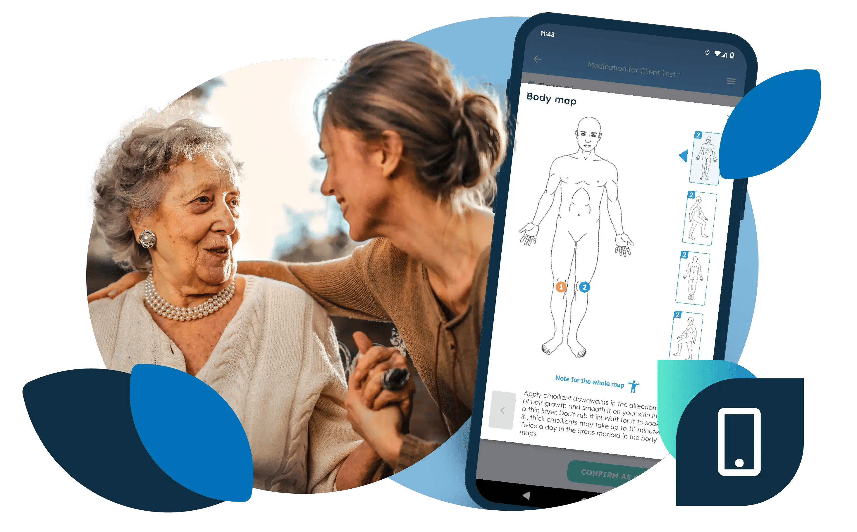 An elderly woman with a carer, plus a body map displayed on the Nursebuddy mobile app