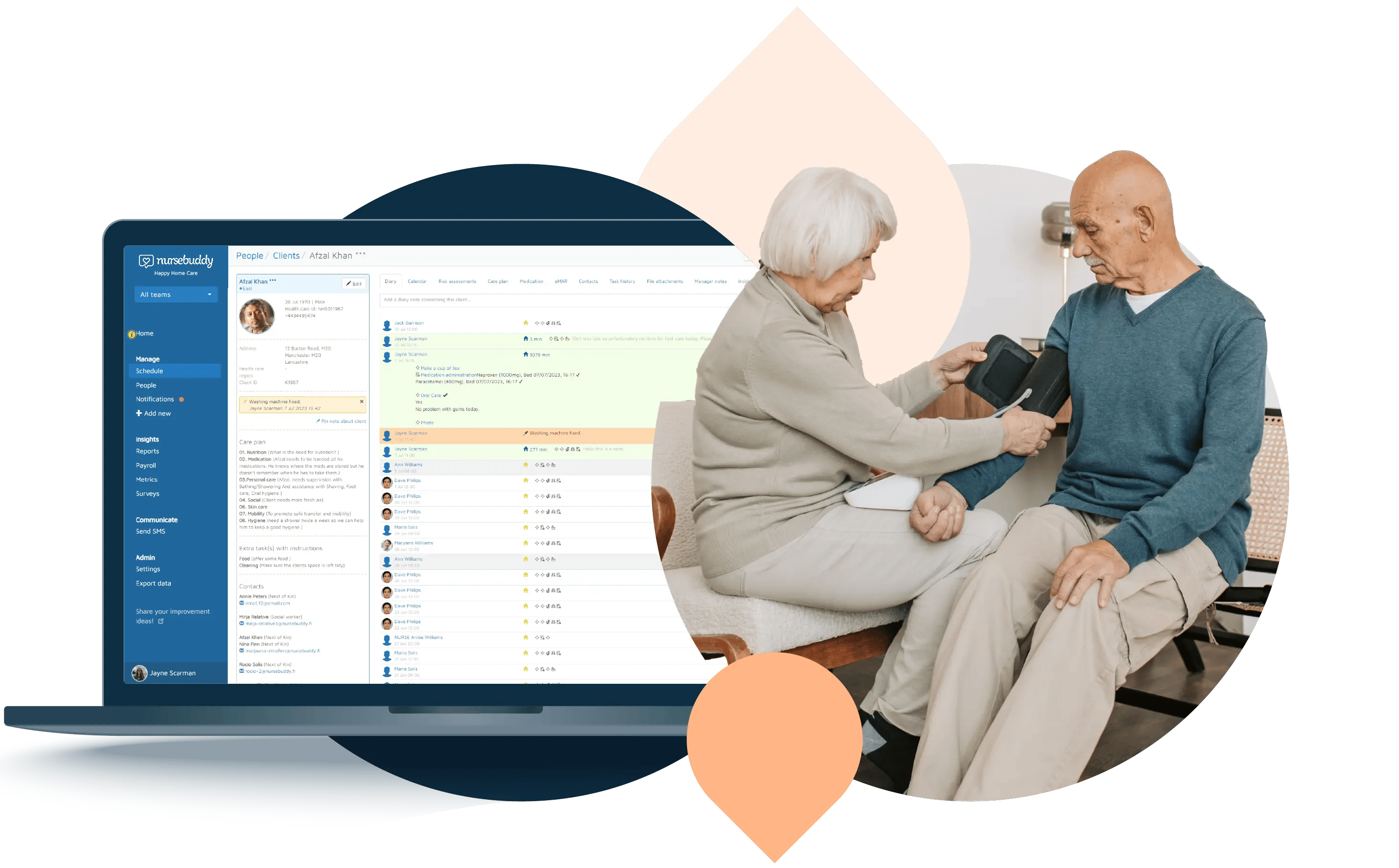 A client diary feed within the Nursebuddy family portal, plus a senior woman taking the blood pressure of a senior man