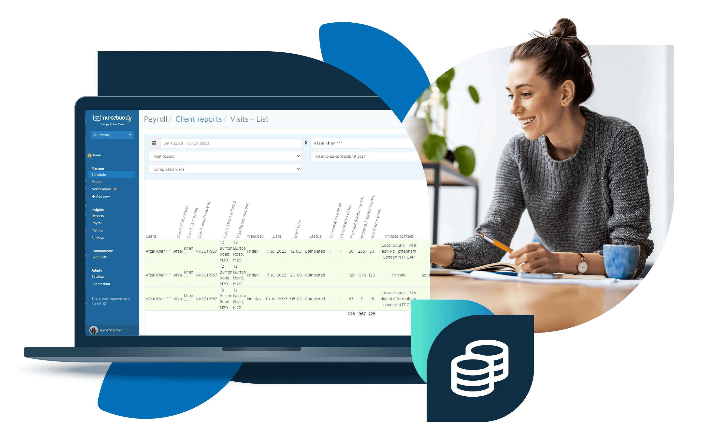 An invoicing report on Nursebuddy plus a smiling care manager holding a pen