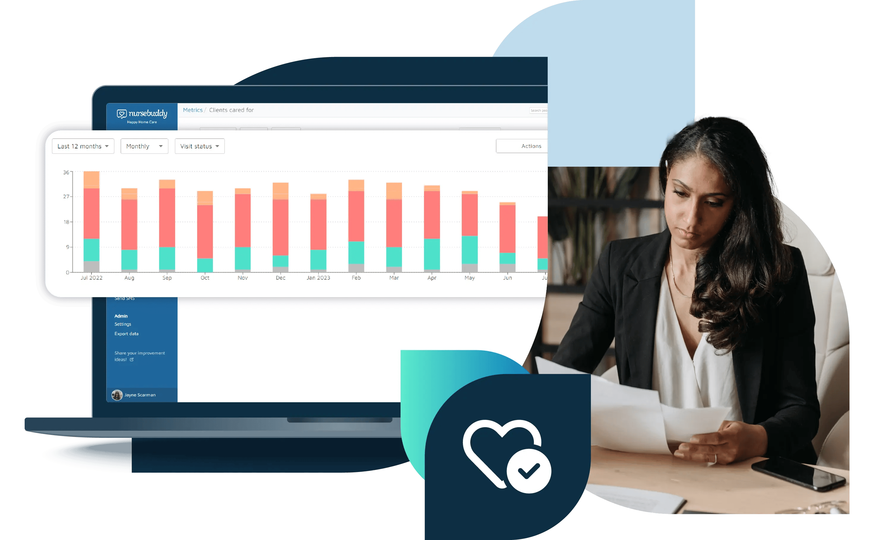 A care manager looking at paperwork plus charts displayed on a laptop screen