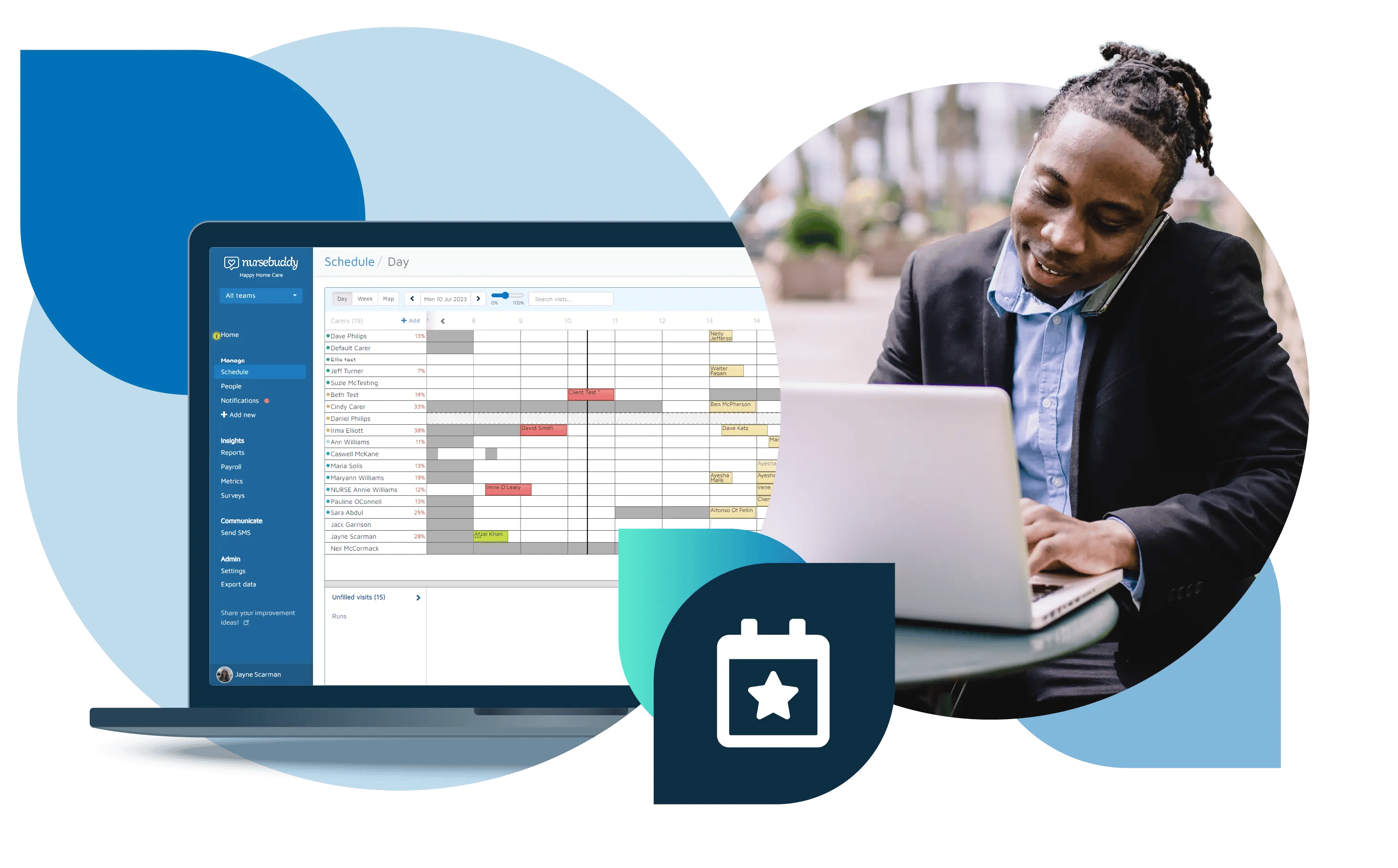 A happy care manager using a phone and laptop, plus Nursebuddy's scheduling platform