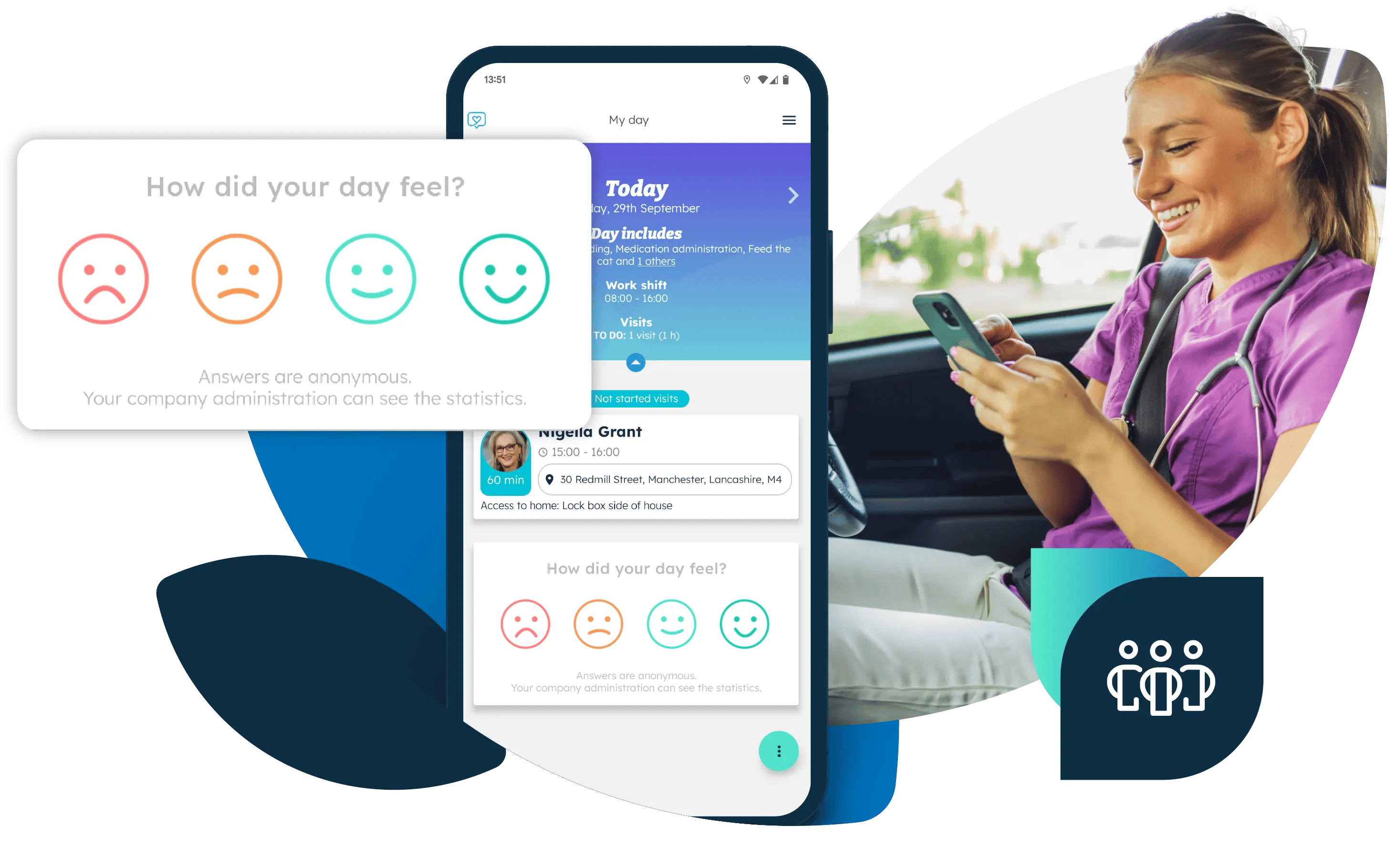 A smiling carer using a mobile phone in her car, plus a wellbeing survey displayed on the Nursebuddy mobile app