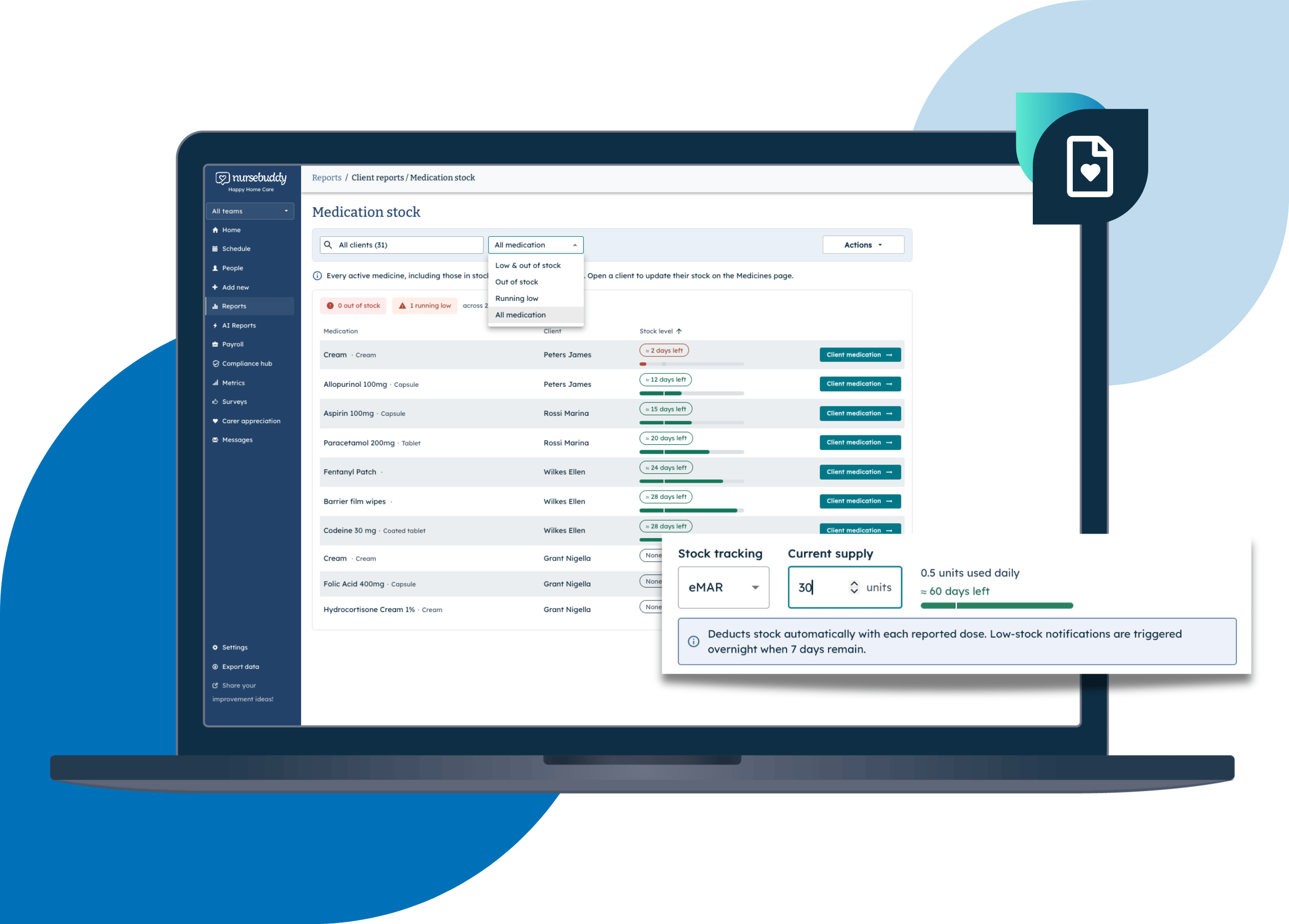 Screenshot of Nursebuddy's medication stock management