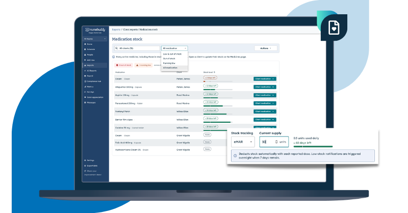 Screenshot of the medication stock management page on the Nursebuddy app 