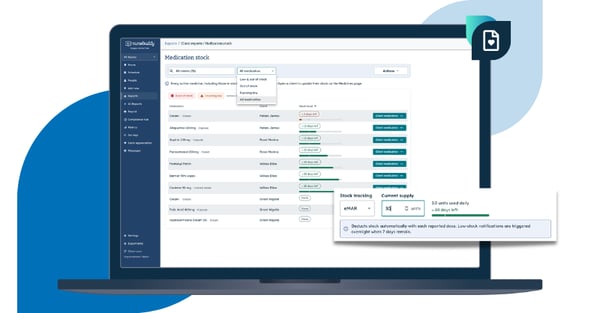 Screenshot of the medication stock management page on the Nursebuddy app 