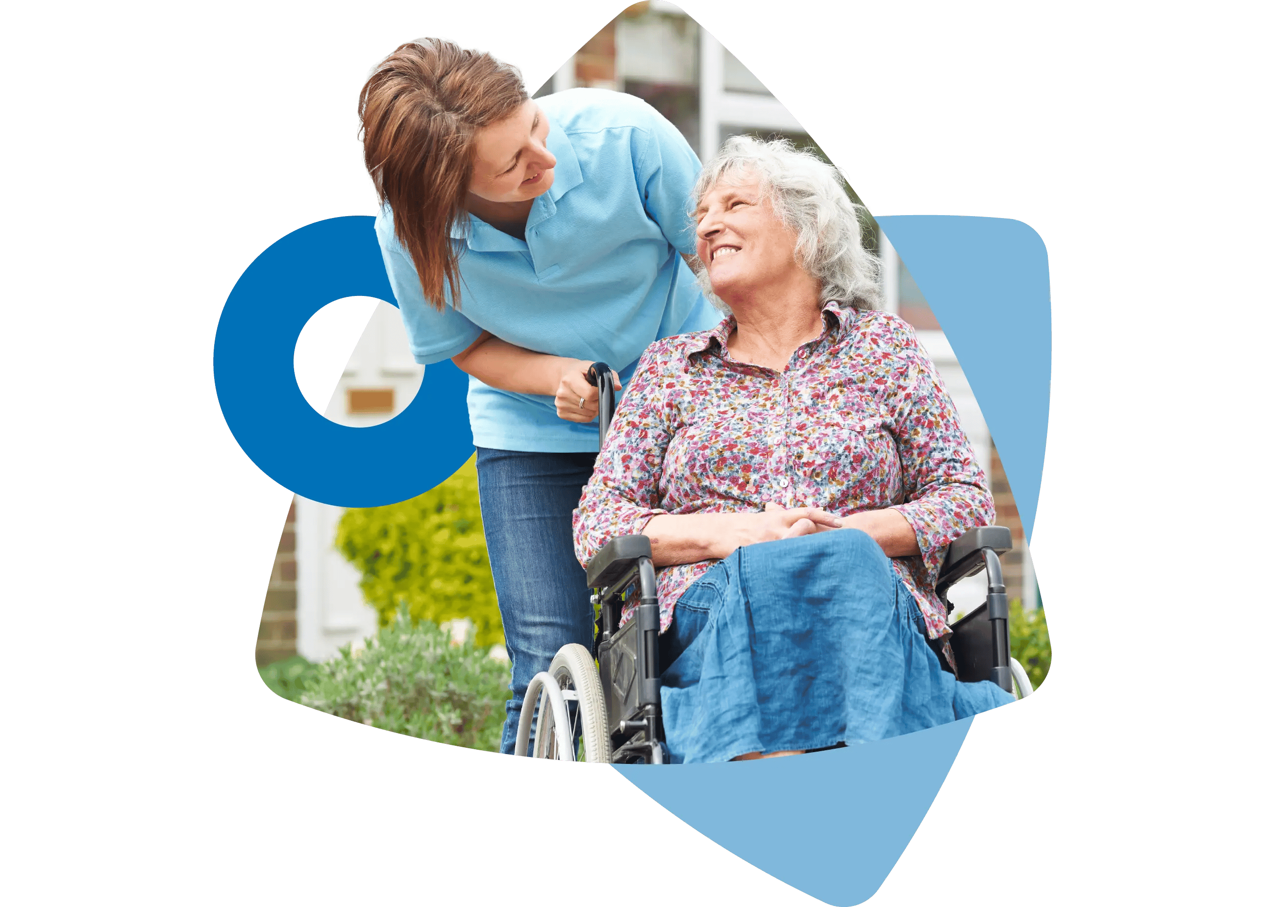 A carer helping a senior woman in a wheelchair