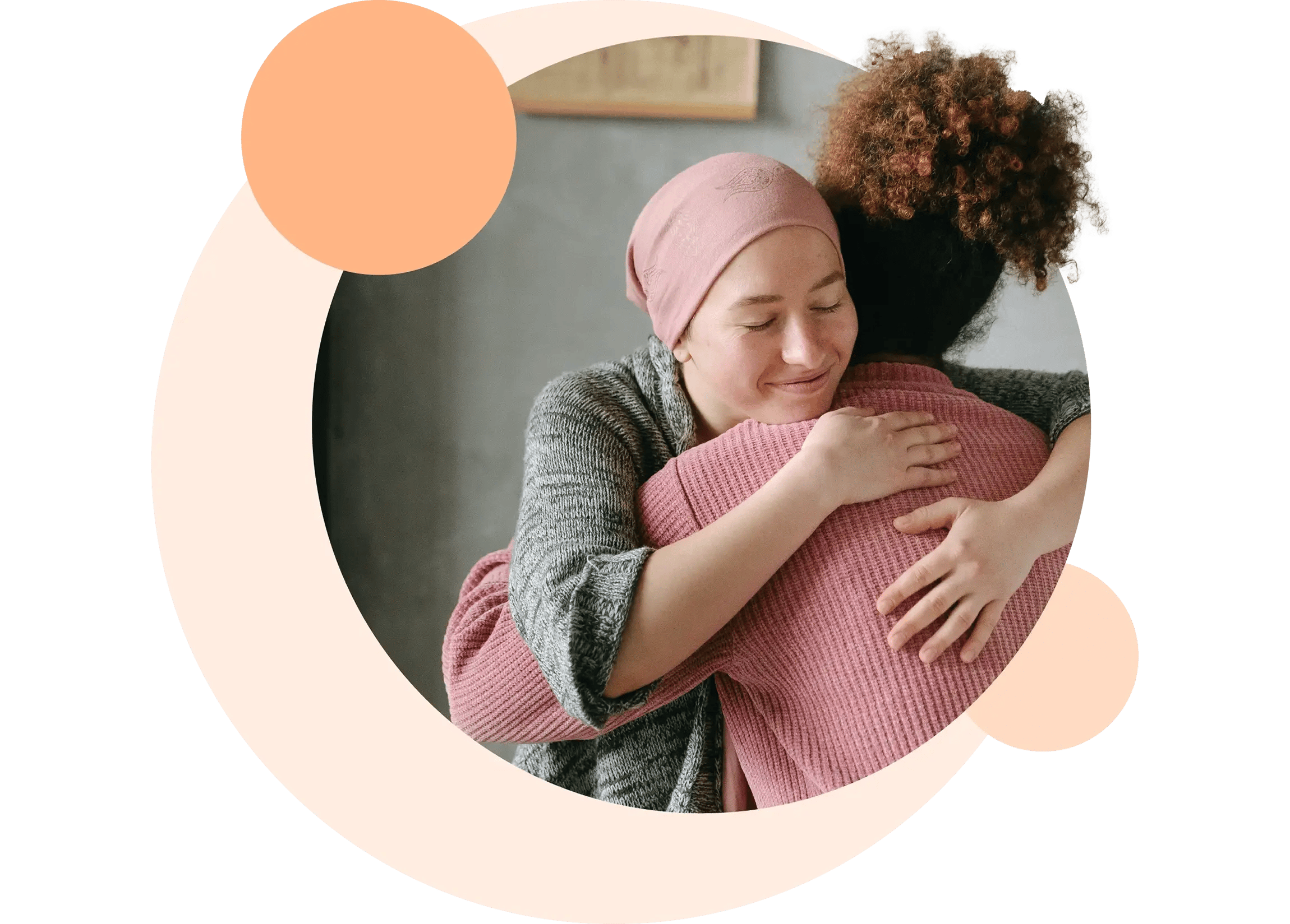 Two women hugging, in gold circles