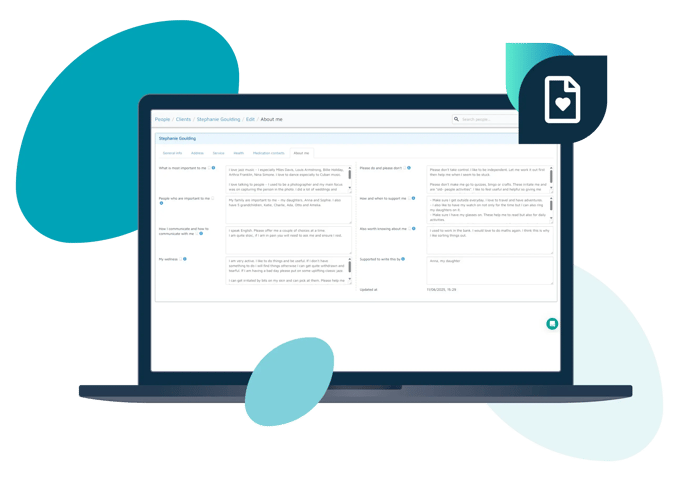 About Me - as shown in Nursebuddy's care planning software