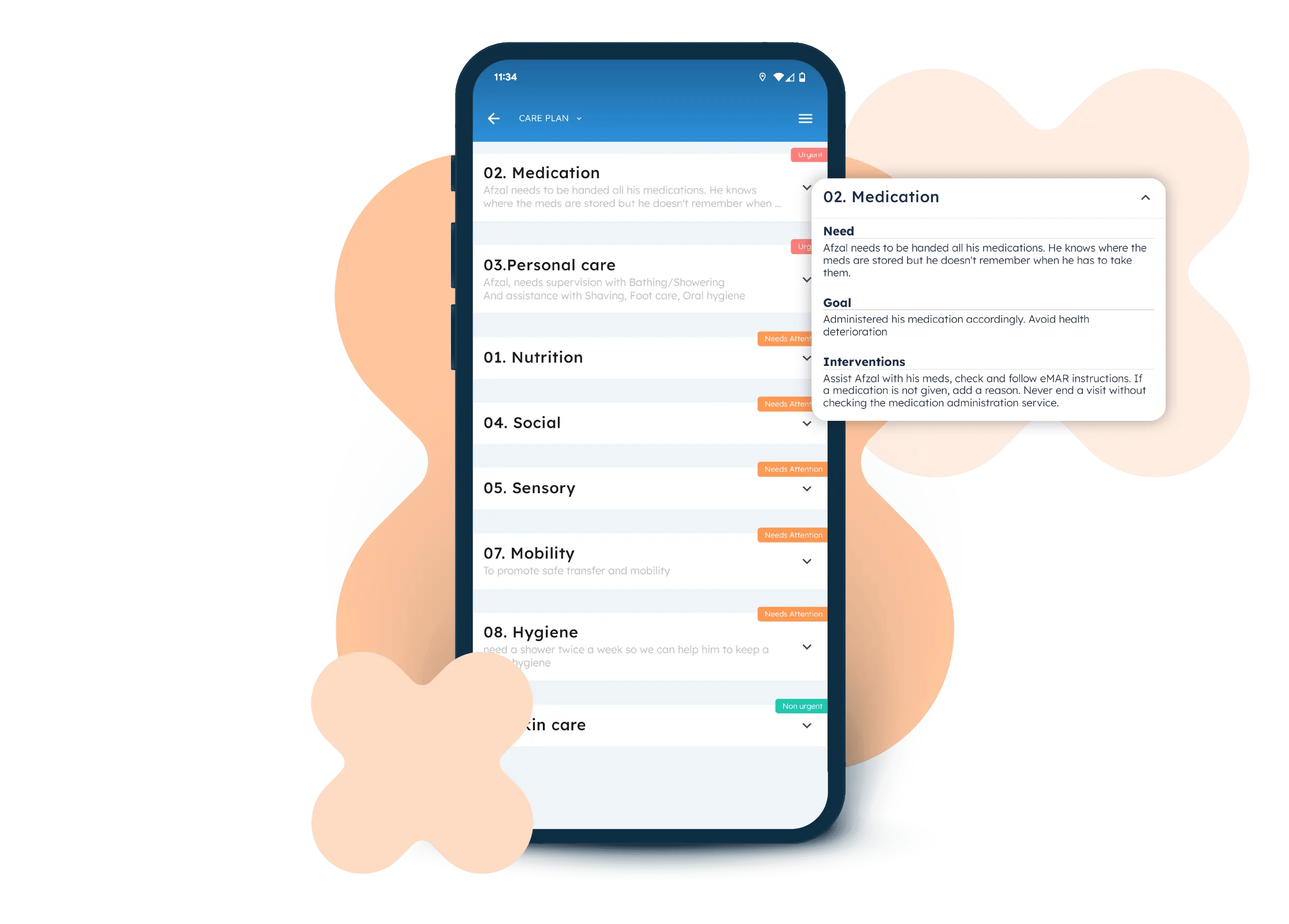 Care plans displayed in Nursebuddy's mobile app