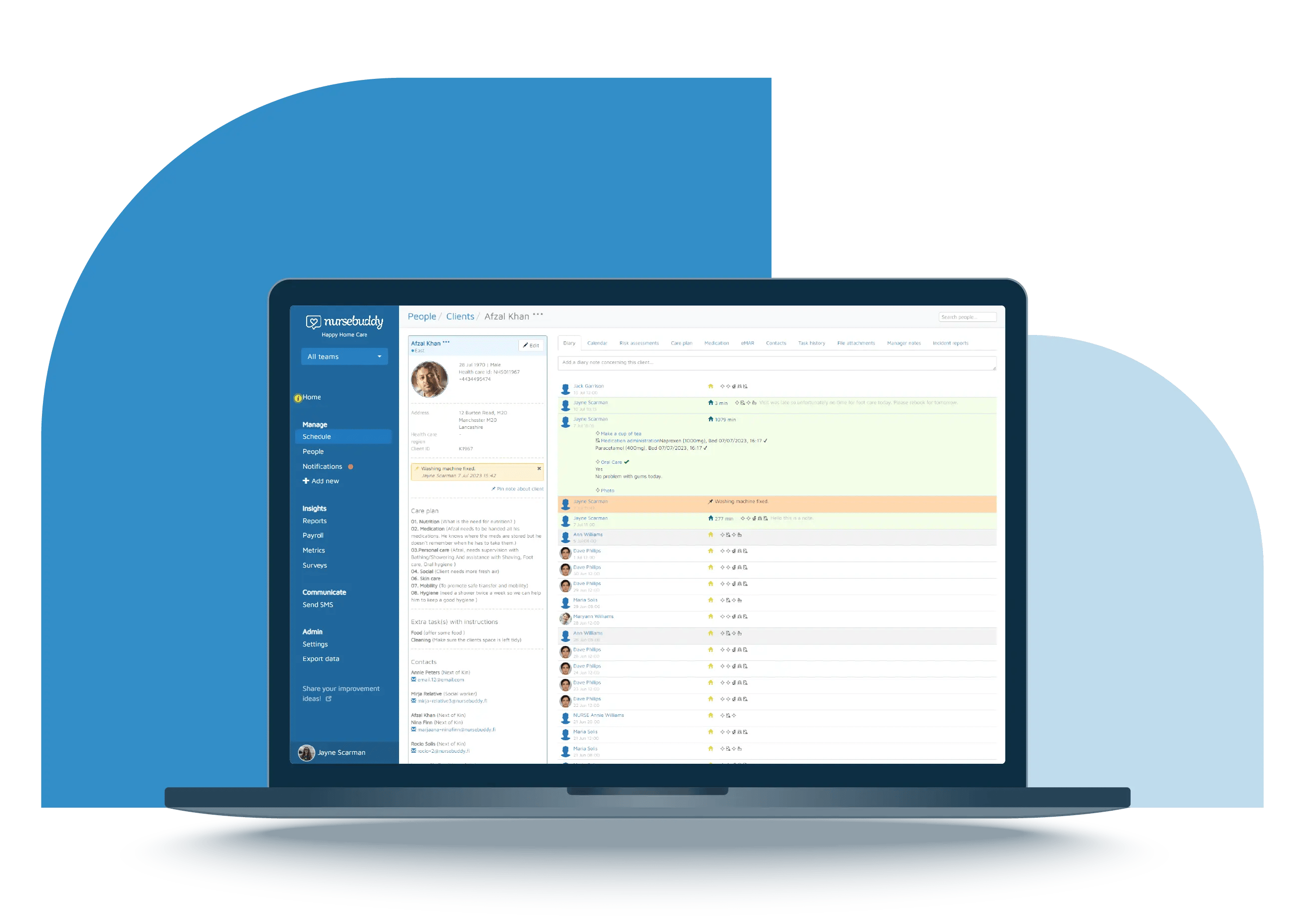 A client diary overview on the Nursebuddy's Family Portal