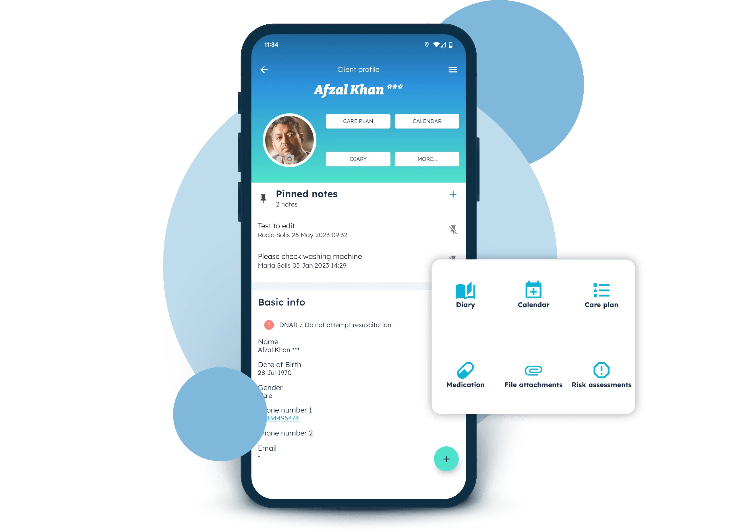 A client overview in the Nursebuddy mobile app