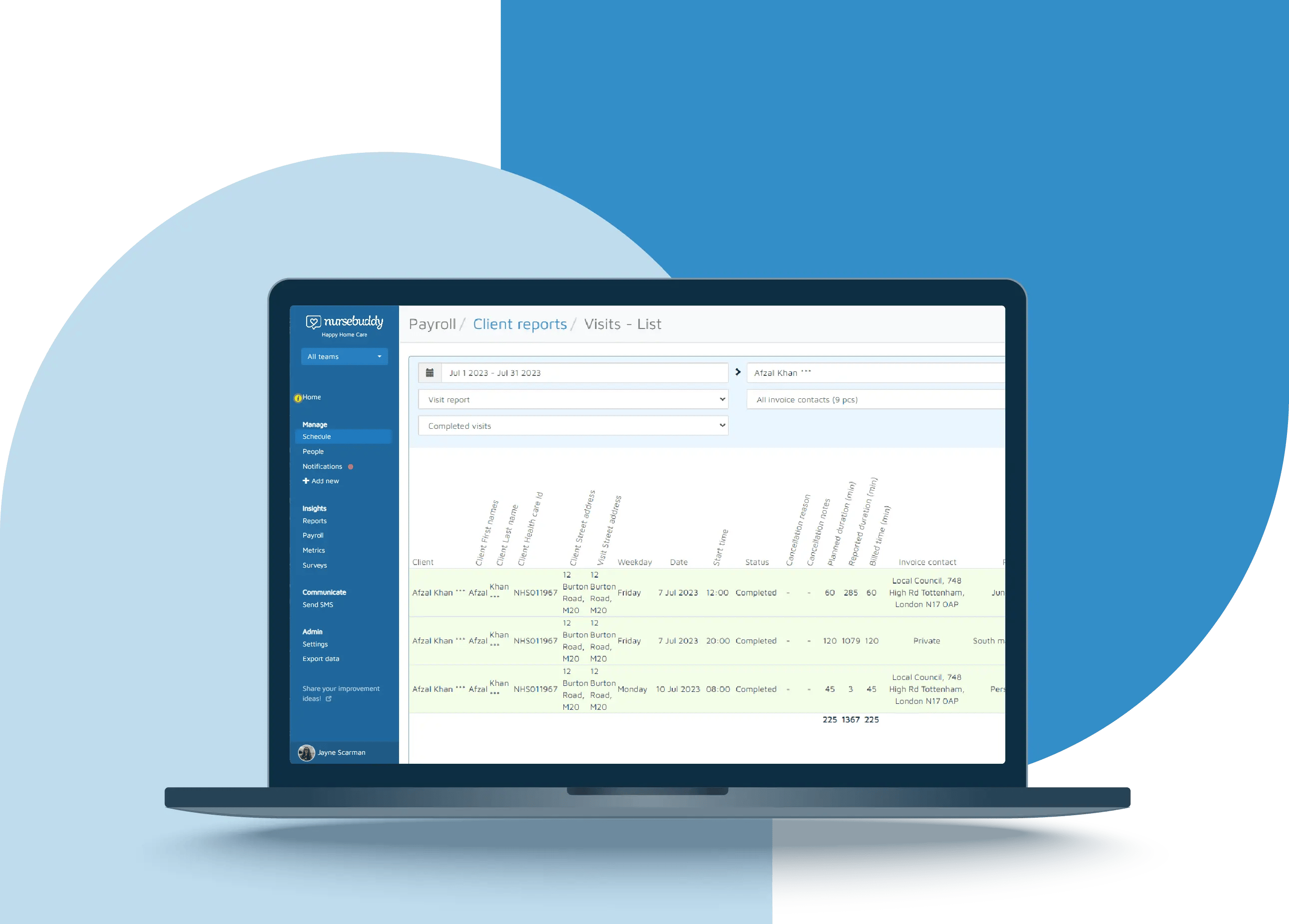 An invoicing report in Nursebuddy, displayed on a laptop