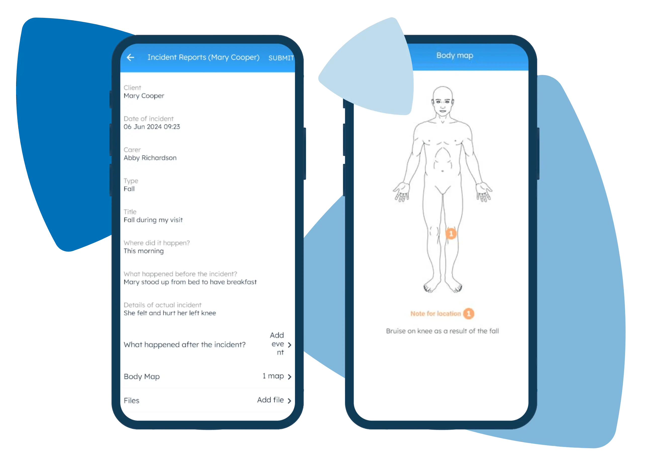 An incident report with a body map in the Nursebuddy mobile app.