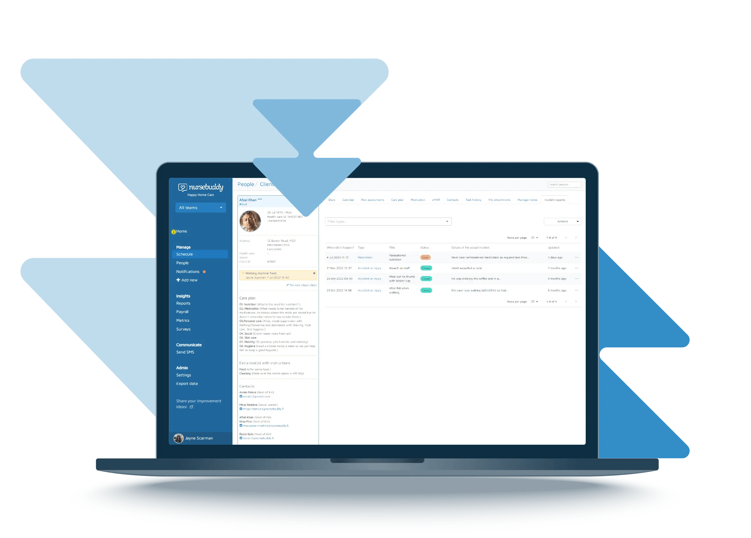 Incident reports in Nursebuddy shown on a laptop