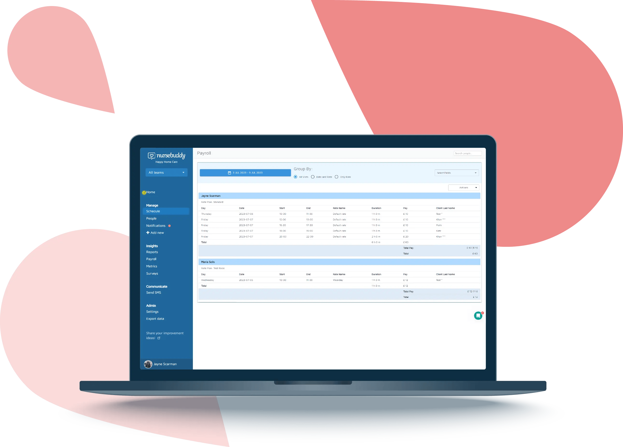 A payroll report in Nursebuddy, displayed on a laptop