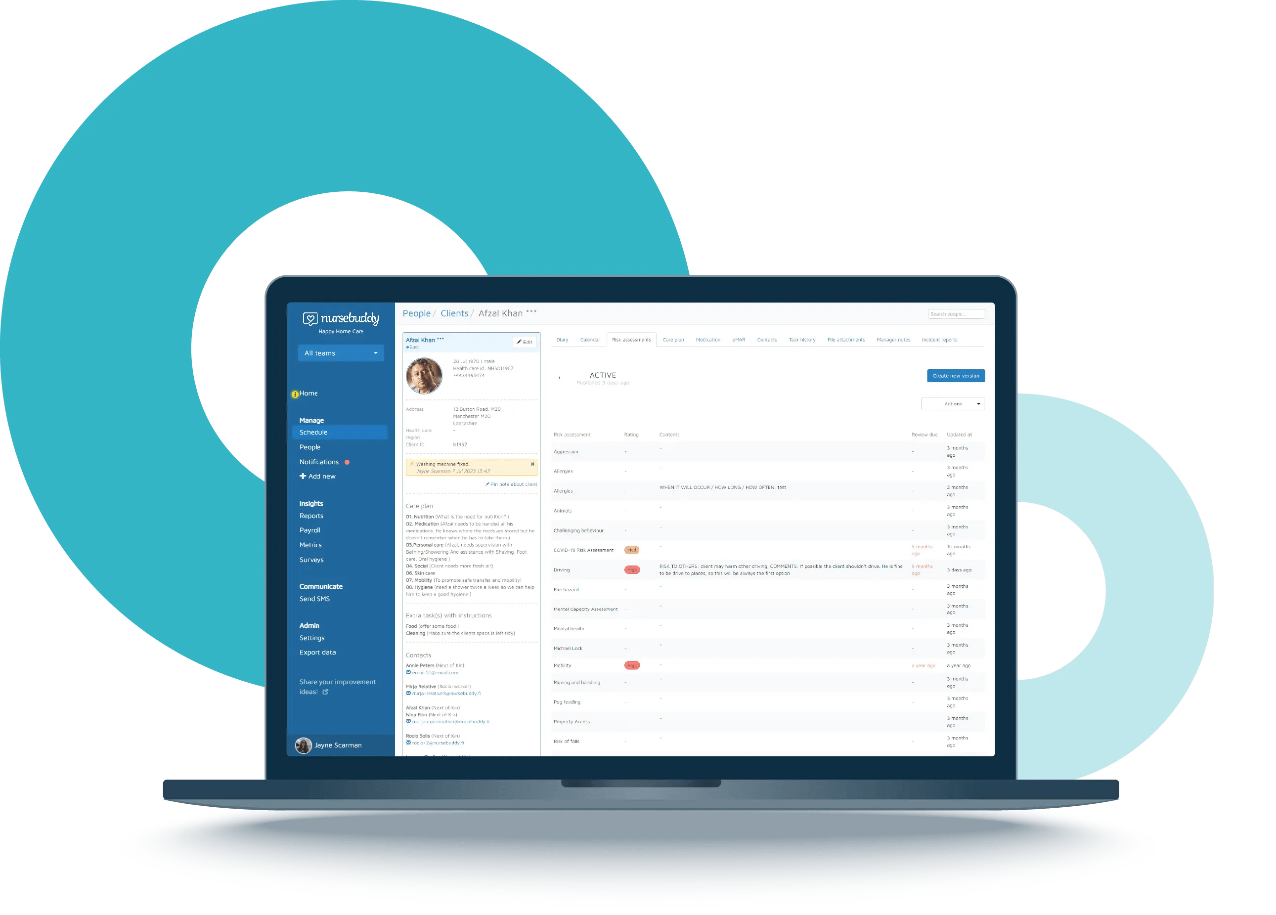 Risk assessment templates within Nursebuddy, displayed on a laptop