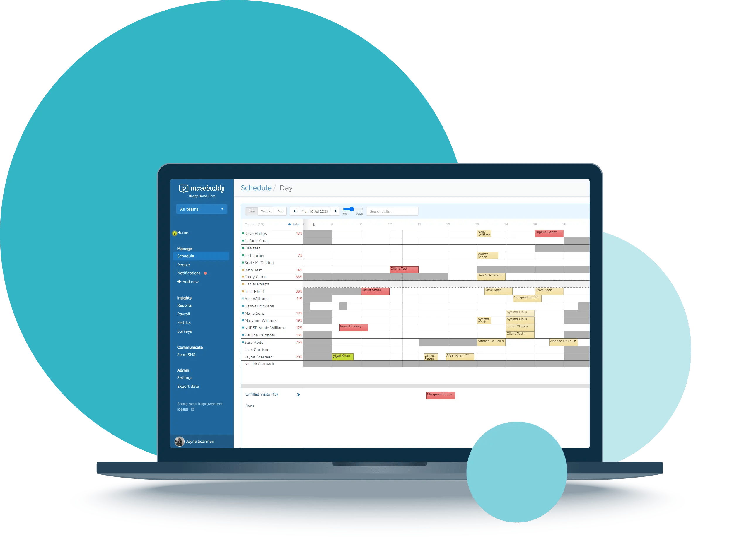 Scheduling within Nursebuddy, displayed on a laptop