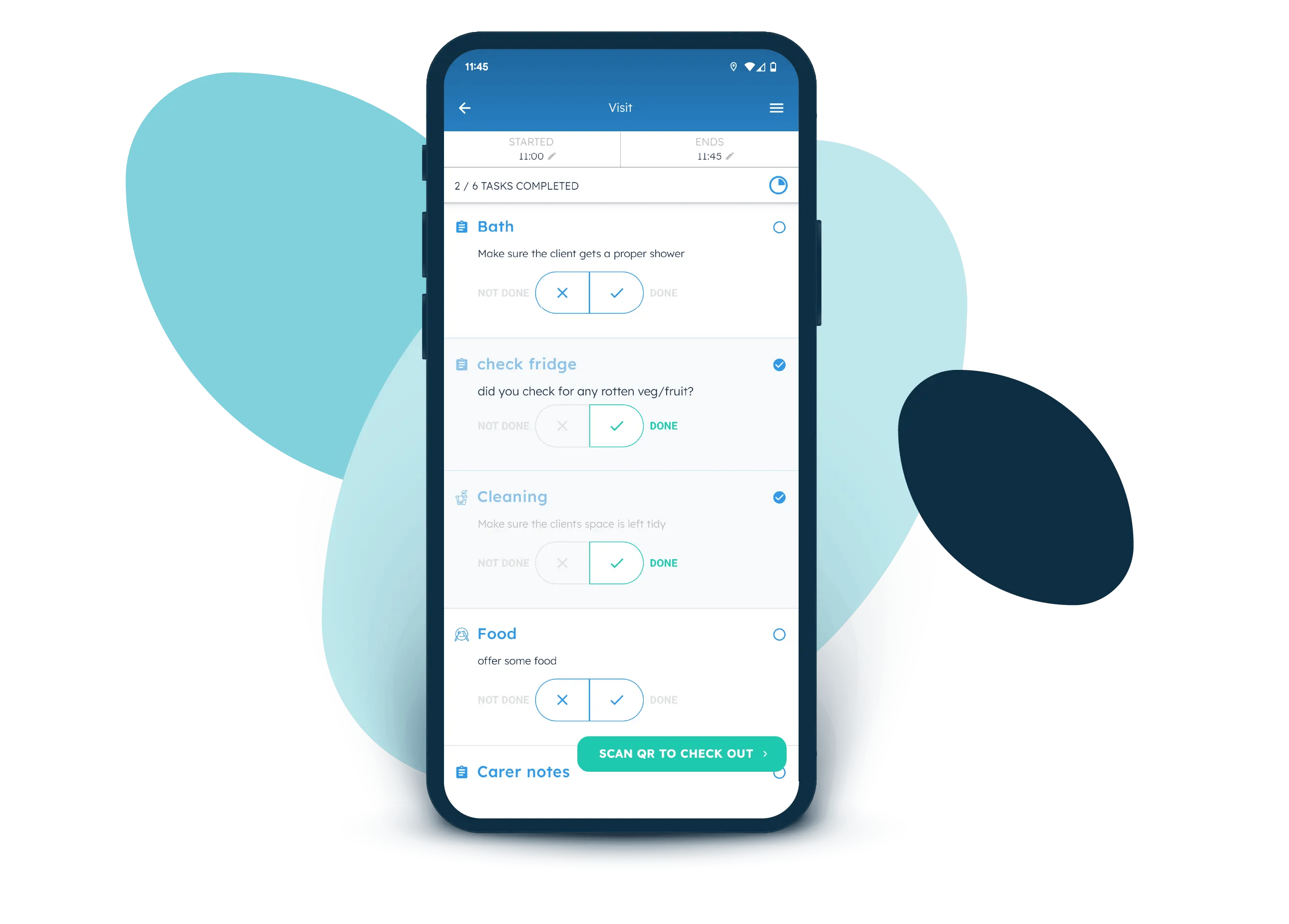 Tasks and response fields for carers in the Nursebuddy mobile app