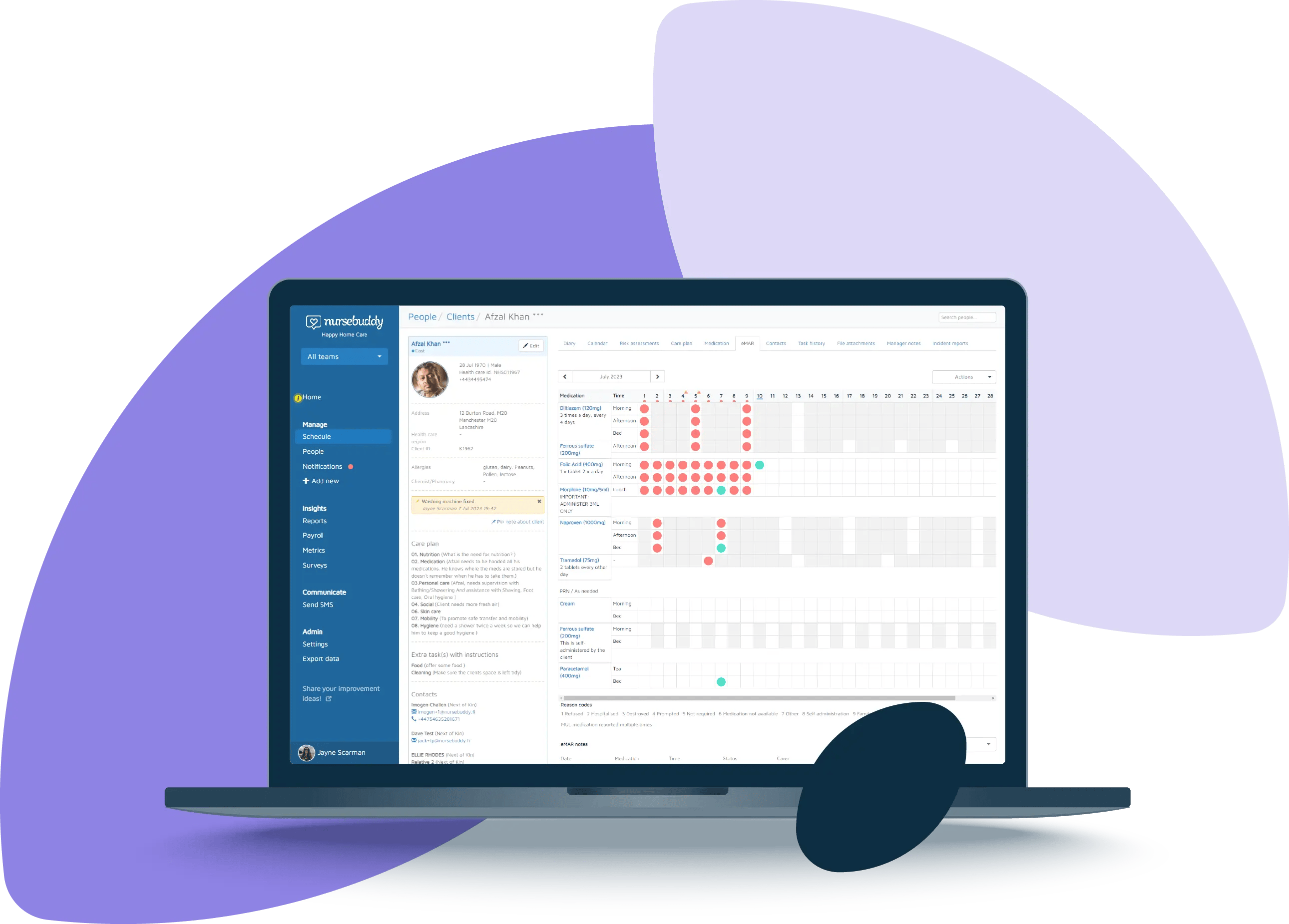 A client eMAR chart shown on Nursebuddy's eMAR system, displayed on laptop