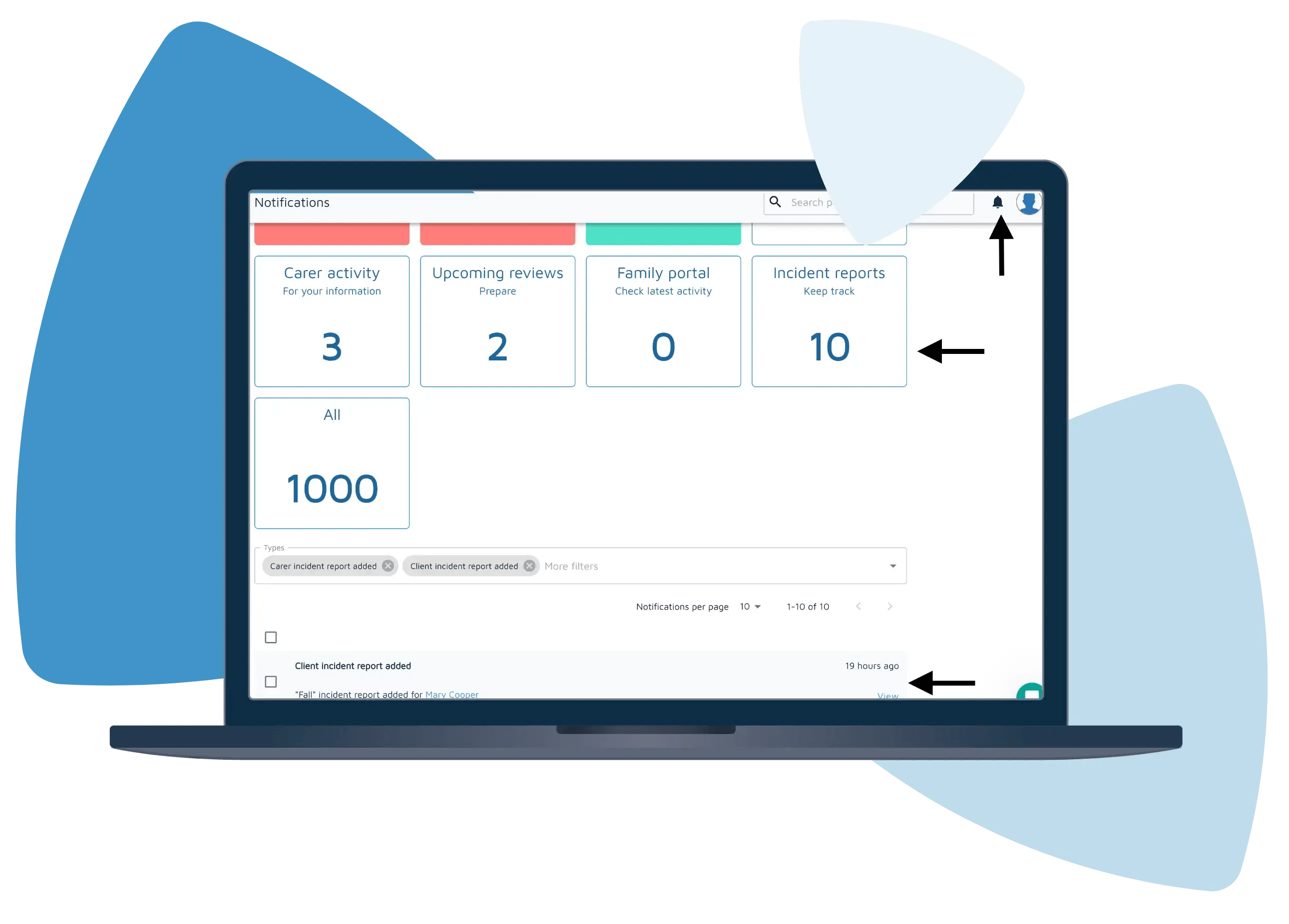 A new incident report is shown in the Nursebuddy Notifications Centre.