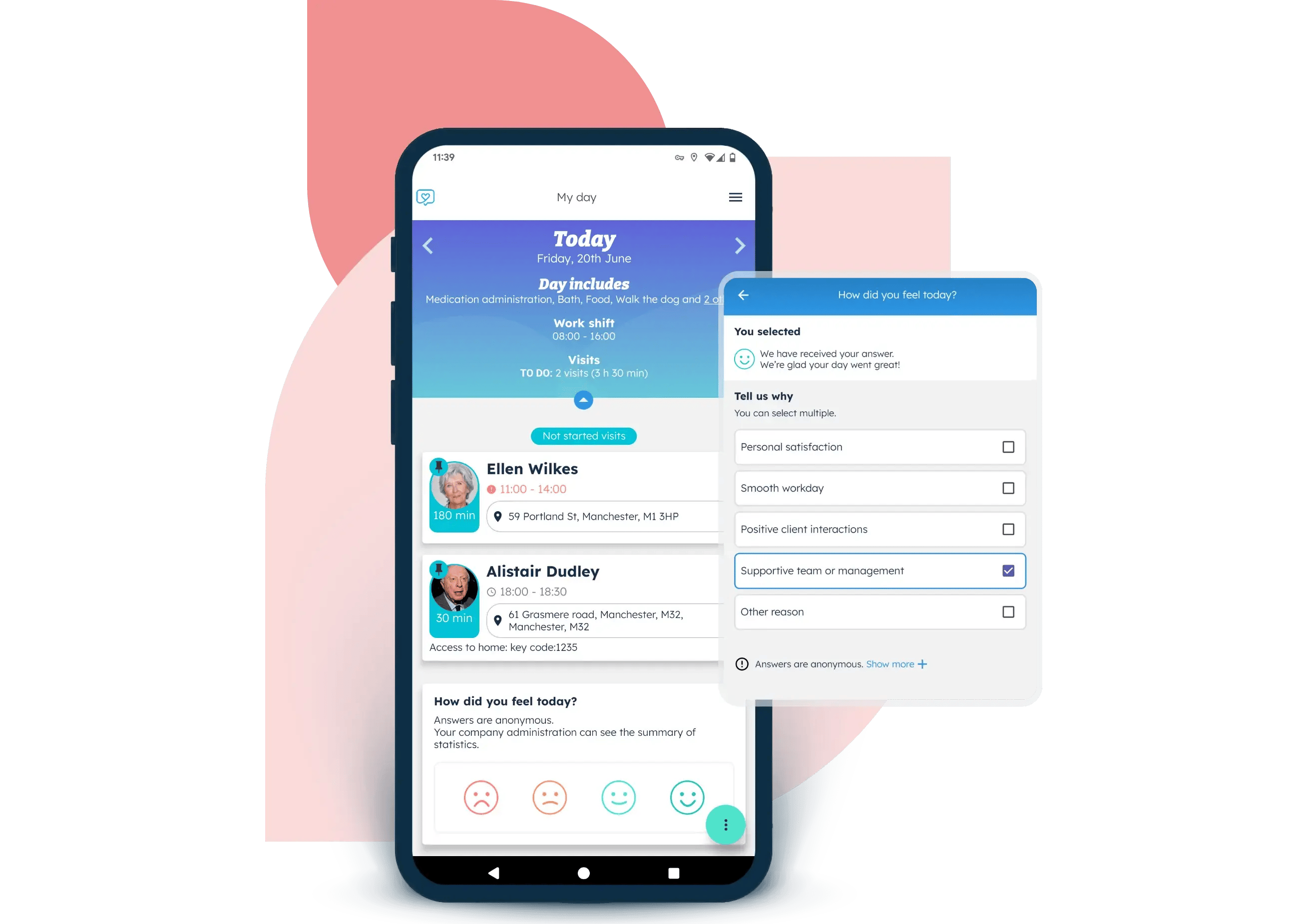 Nursebuddy has an end-of-day wellbeing survey where care workers can rate how they feel at the end of the day and choose a reason.