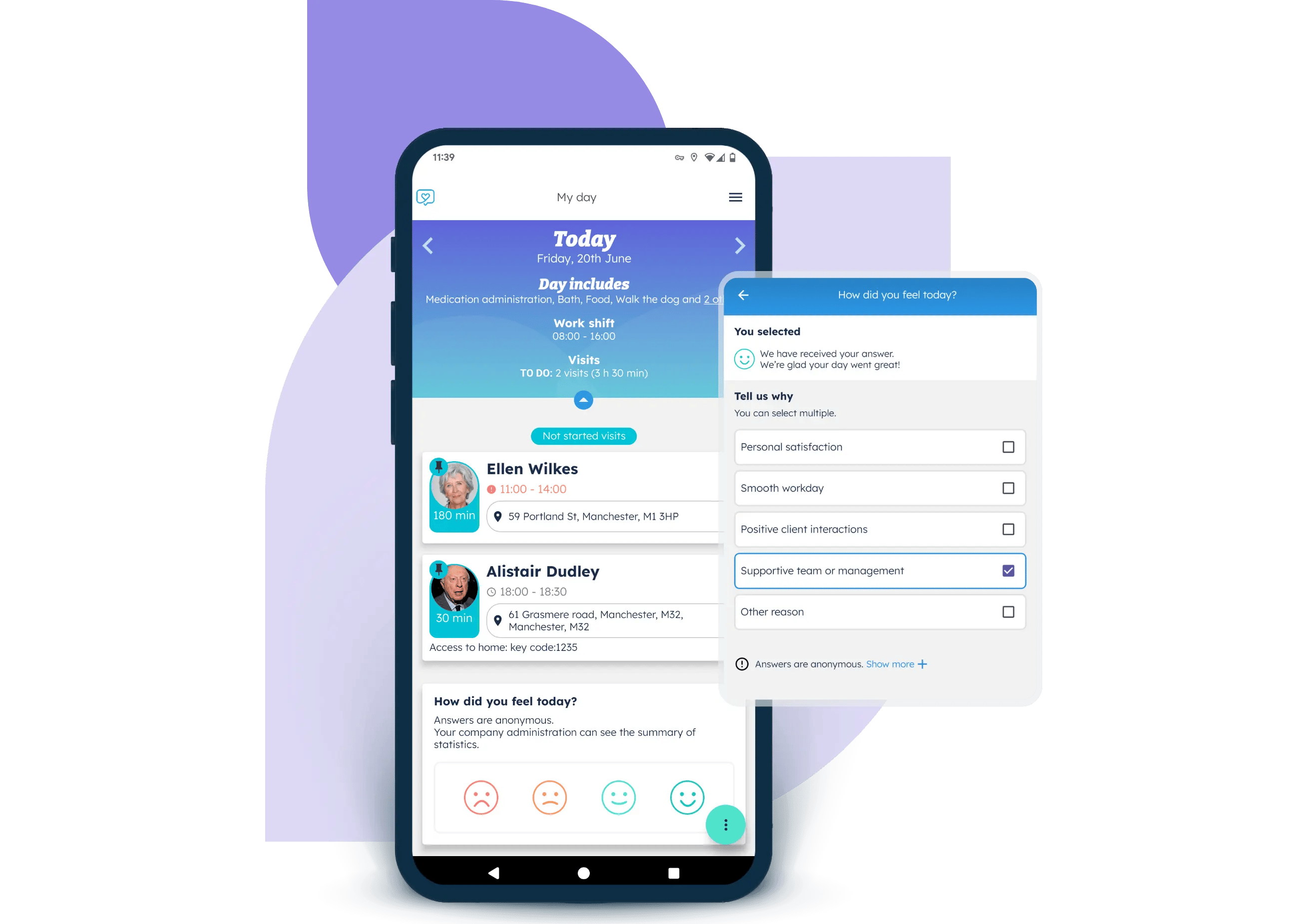 End-of-day carer wellbeing survey in Nursebuddy, with reason categories.