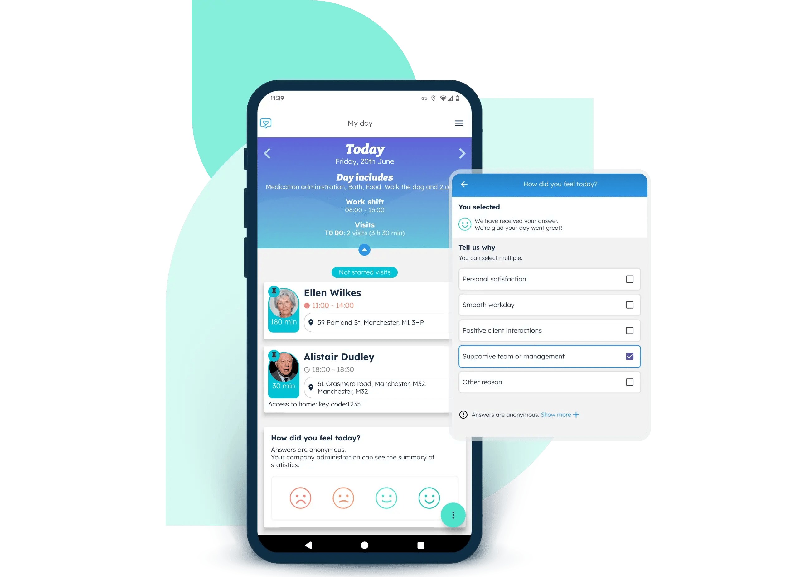 Wellbeing survey within the Nursebuddy carer app, with reason categories for care workers to choose from at the end of their day.