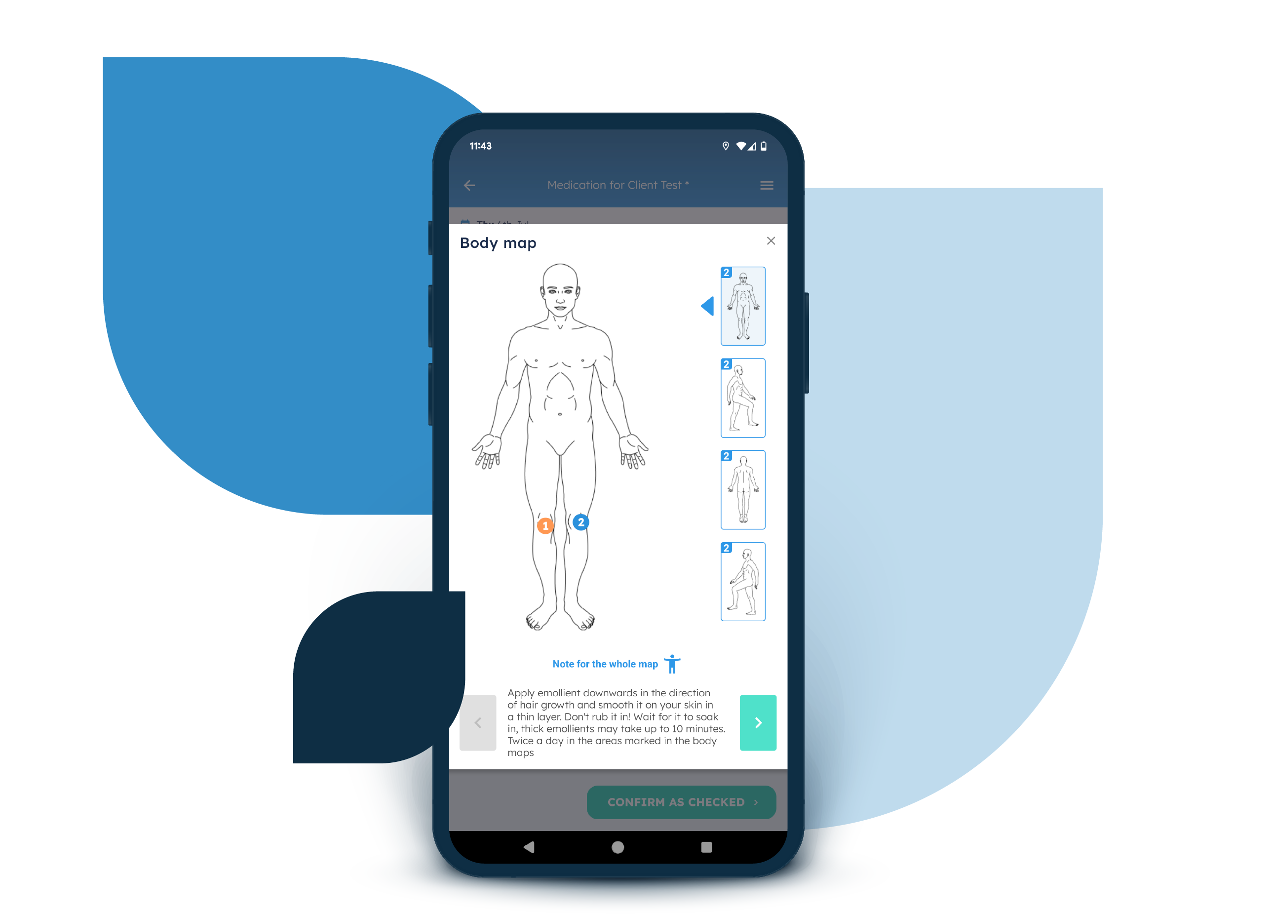A body map displayed in Nursebuddy's mobile app for carers