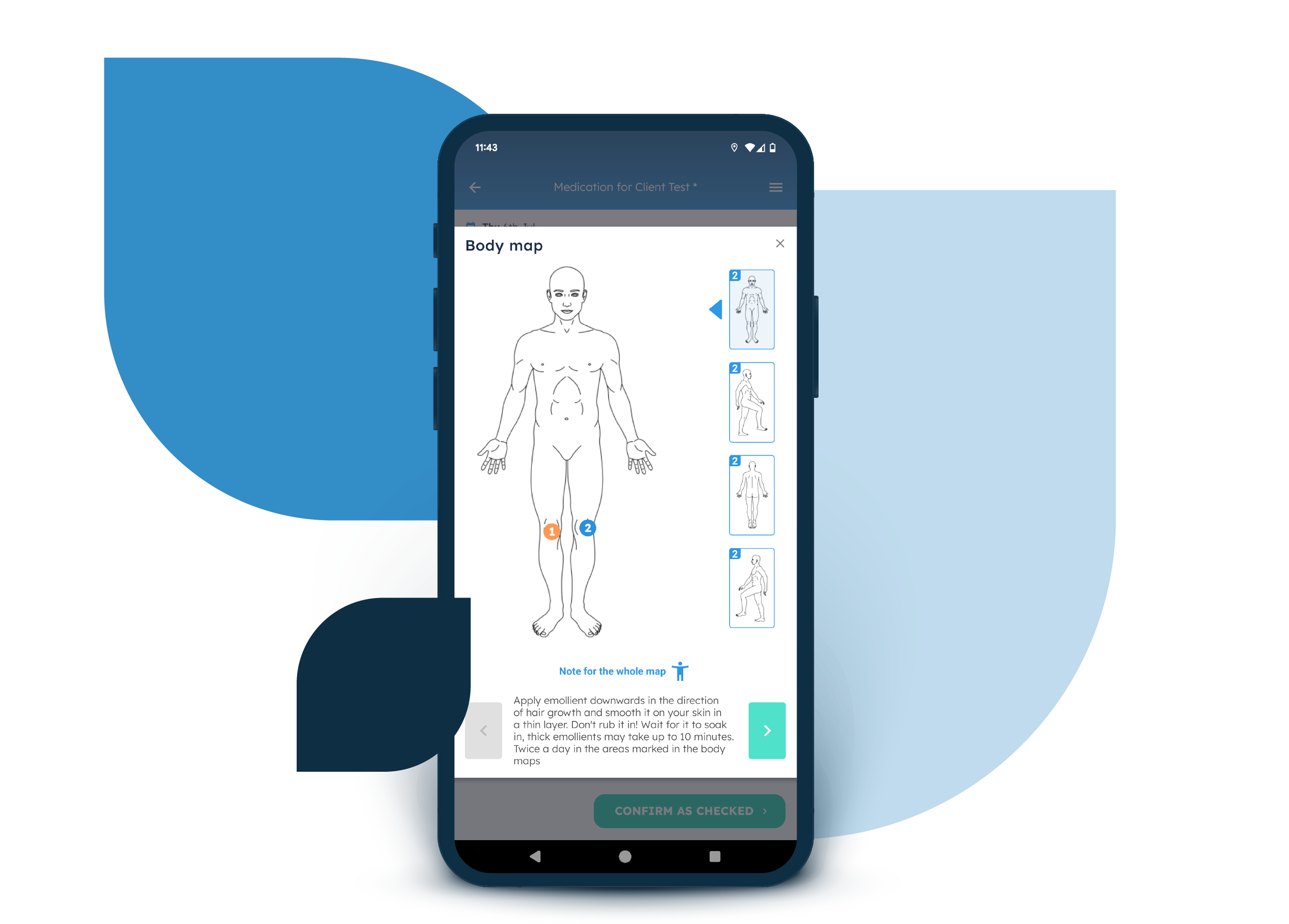 A body map displayed on the Nursebuddy mobile app