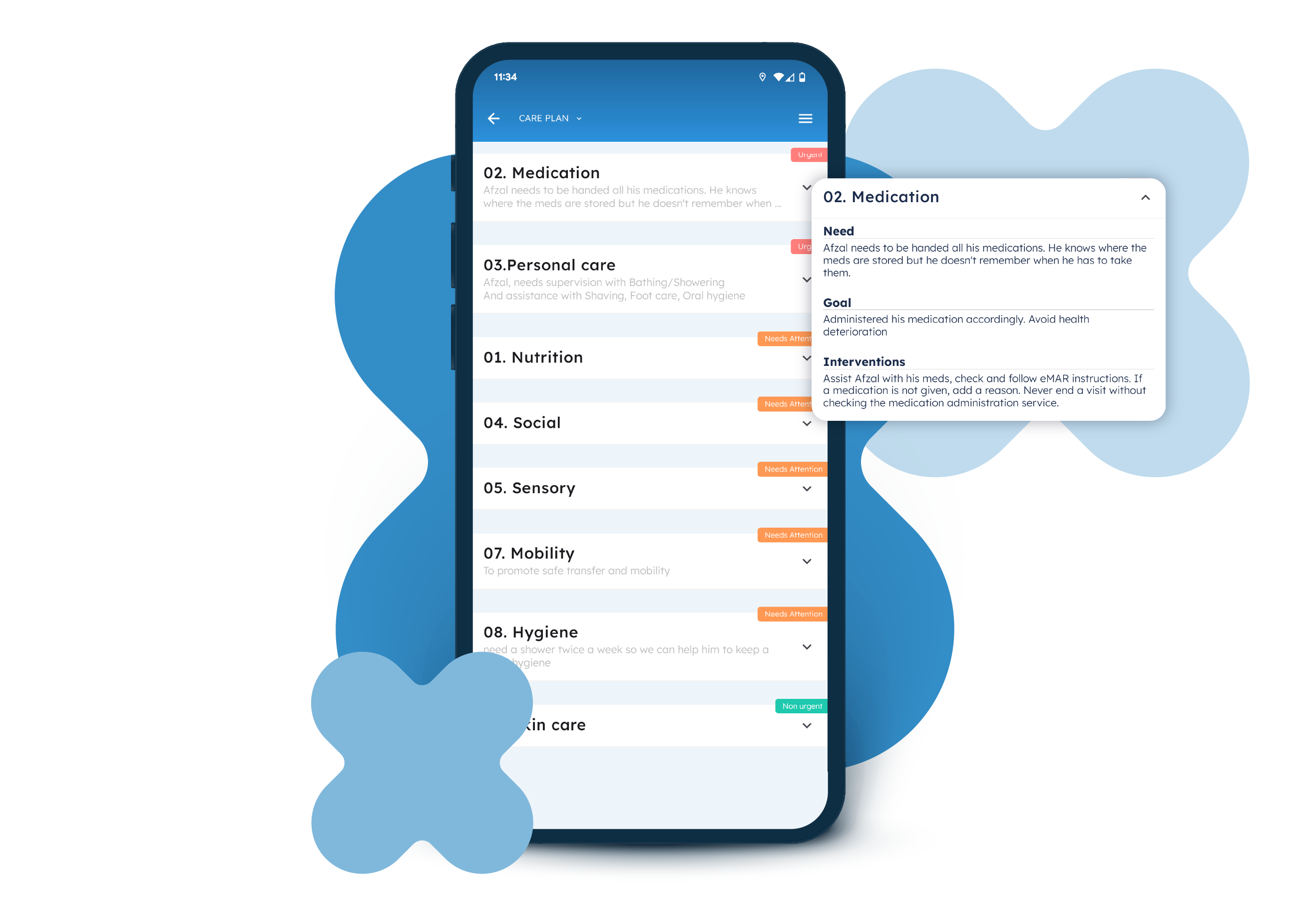Care plans displayed in Nursebuddy's mobile app