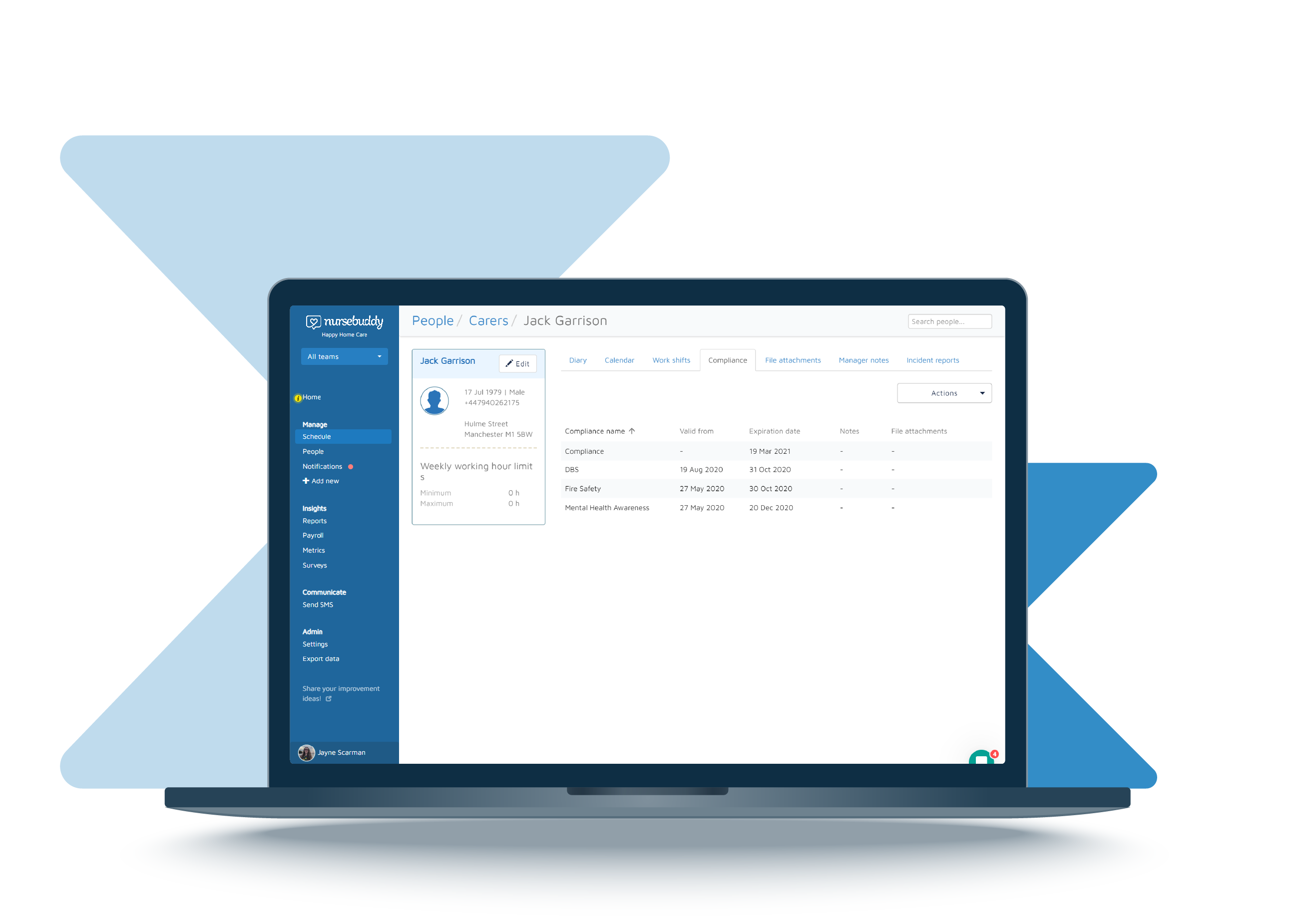 Care compliances in Nursebuddy displayed on a laptop