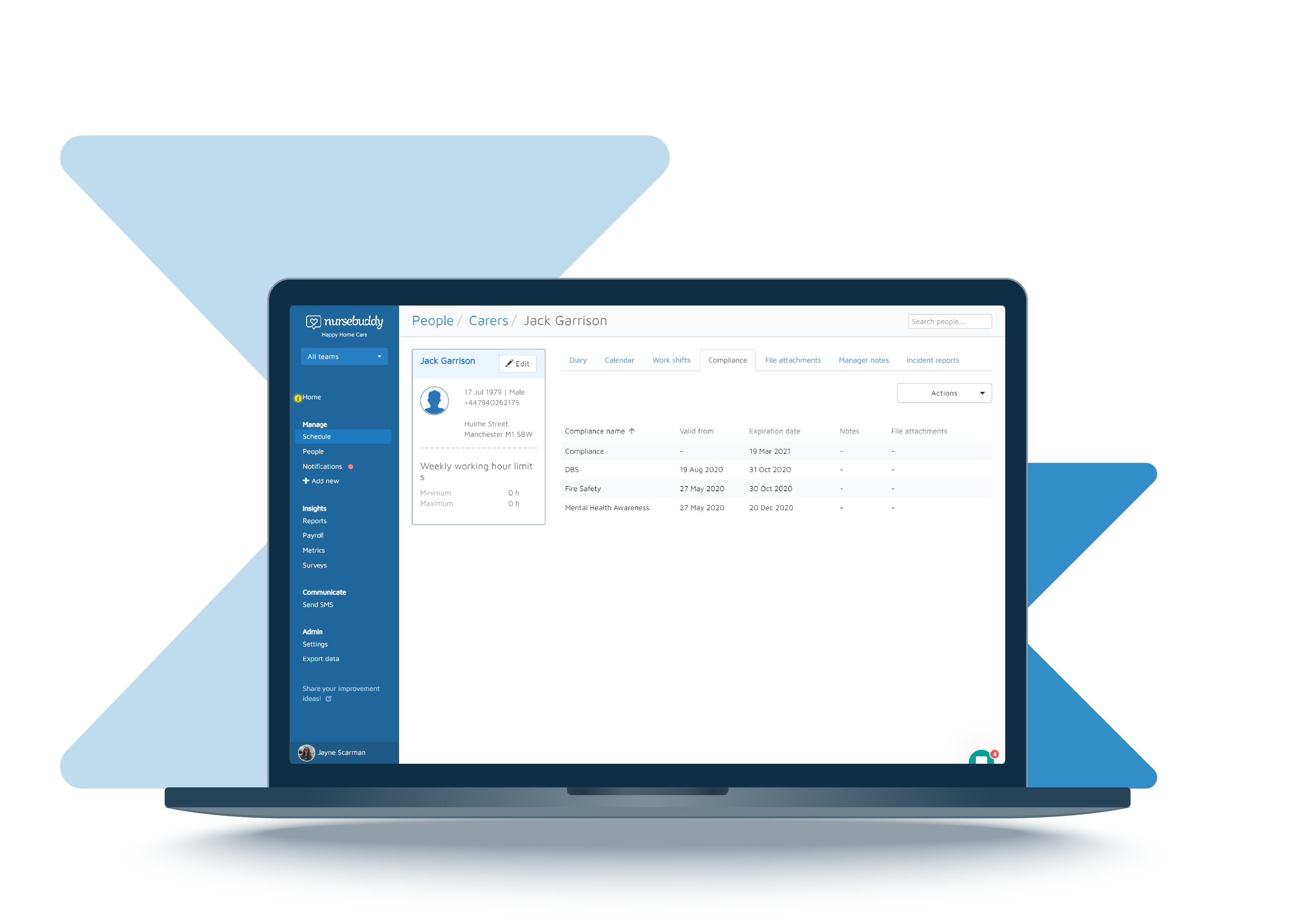 Care compliances in Nursebuddy displayed on a laptop