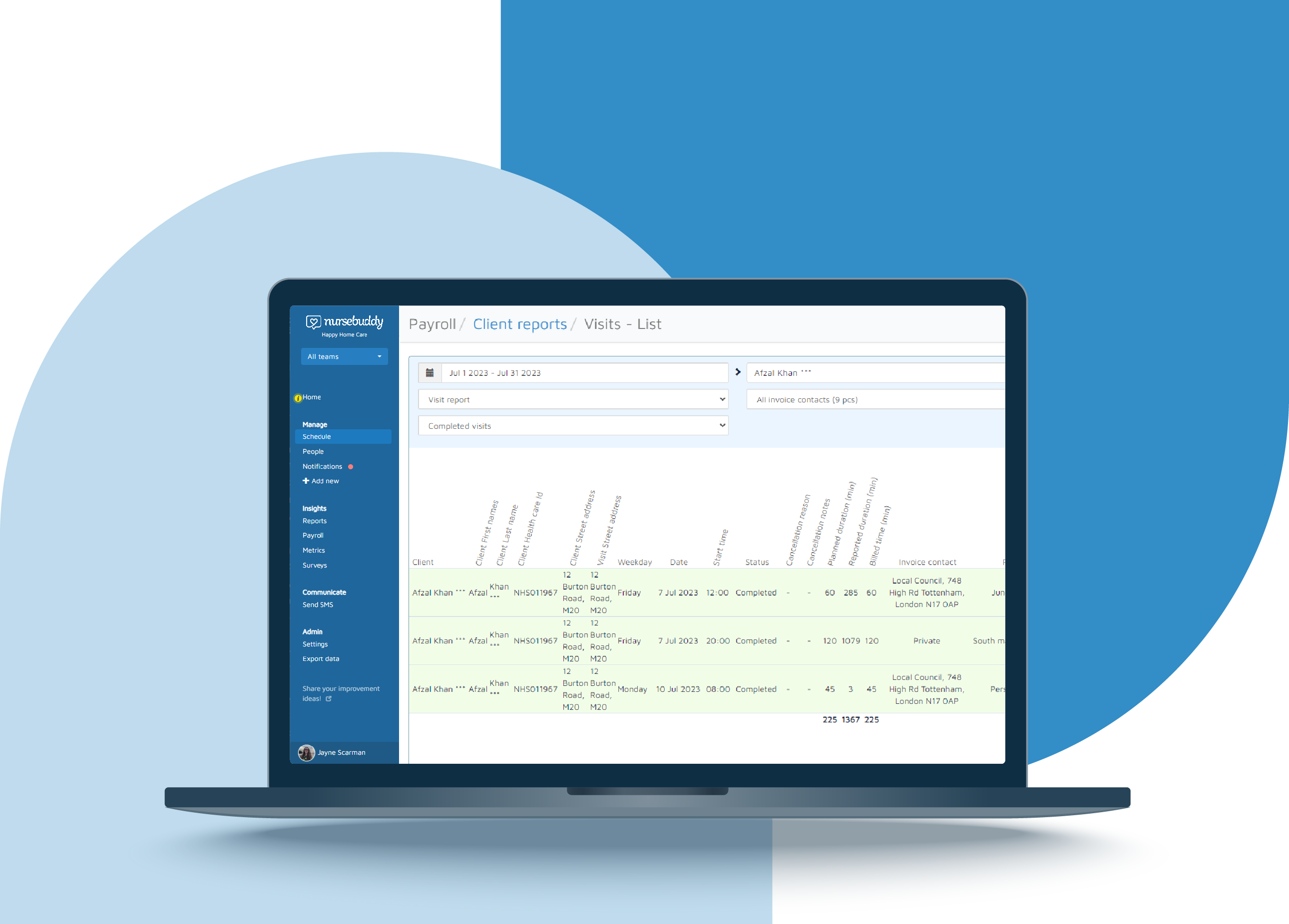 An invoicing report in Nursebuddy, displayed on a laptop