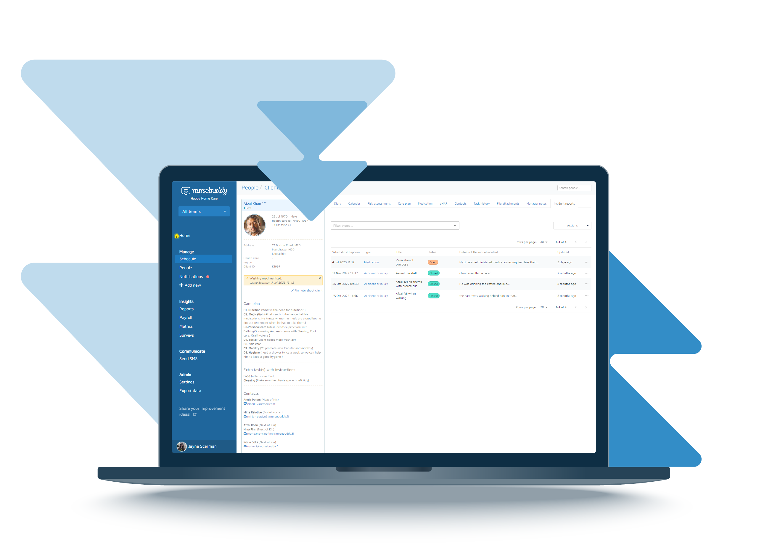 Incident reports in Nursebuddy shown on a laptop