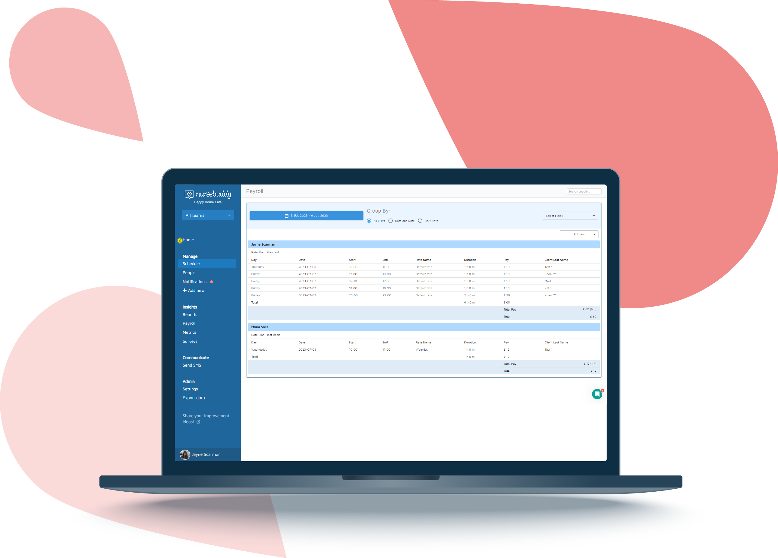A payroll report in Nursebuddy, displayed on a laptop