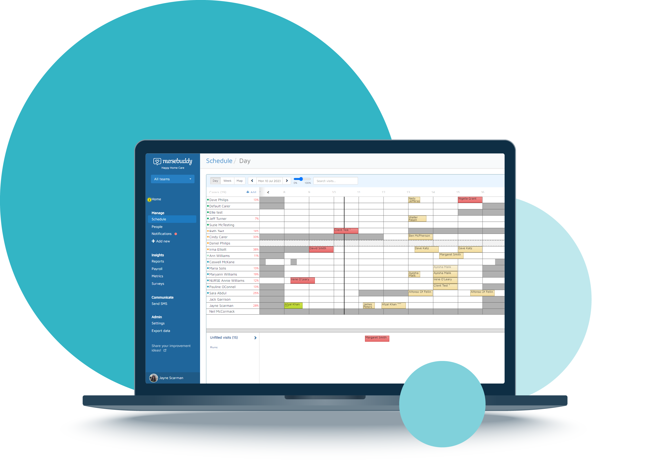 Scheduling within Nursebuddy, displayed on a laptop