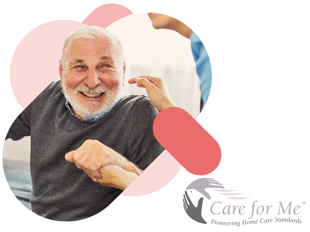 A happy elderly gentleman plus Care for Me logo