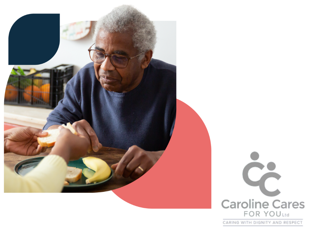 An elderly gentleman is served a meal plus Caroline Cares for You logo